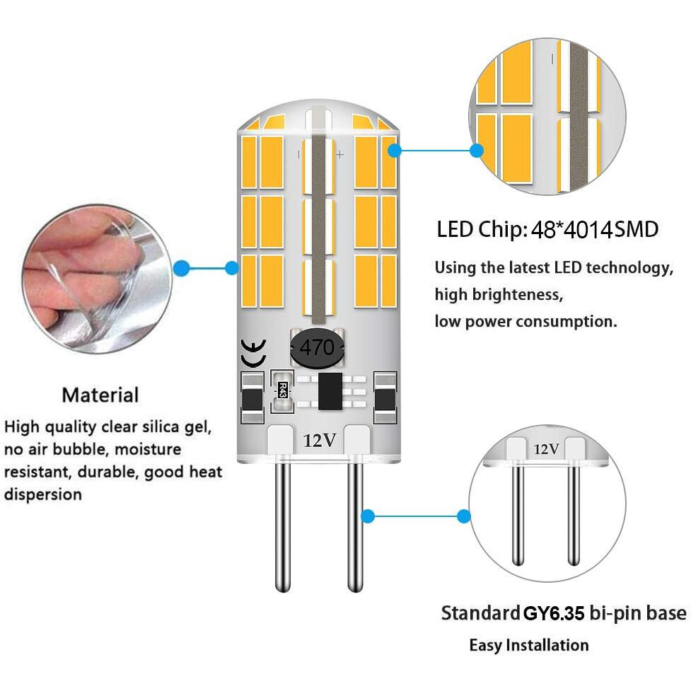Gy6.35 G6.35 Bi-Pin Base Led Bulb 4Watt Ac Dc 12V Silica Gel Crystal Warm White 2700K-3000K Landscape Lighting Jc Type  Equivalent 25W- 30W Q35/Cl/T4 Halogen Bulbs (5-Pack)