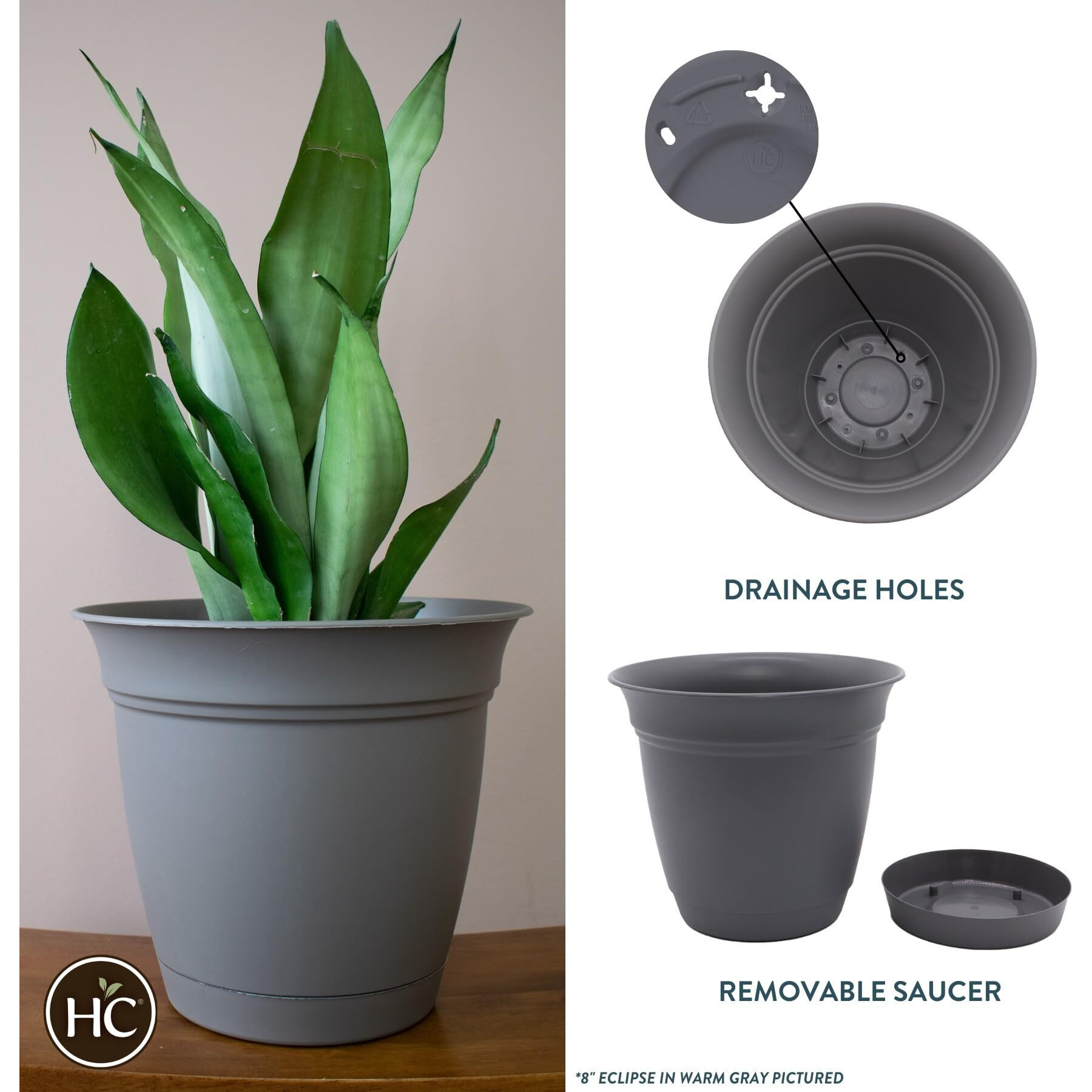 The Hc Companies 16 Inch Eclipse Round Planter With Saucer - Indoor Outdoor Plant Pot For Flowers  Vegetables  And Herbs  Warm Gray