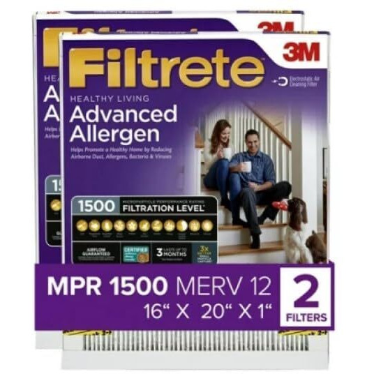Filtrete 16X20X1 Ac Furnace Air Filter  Merv 12  Mpr 1500  Certified Asthma & Allergy Friendly  3 Month Pleated 1-Inch Electrostatic Air Cleaning Filter  2-Pack (Actual Size 15.69X19.81X0.78 In)