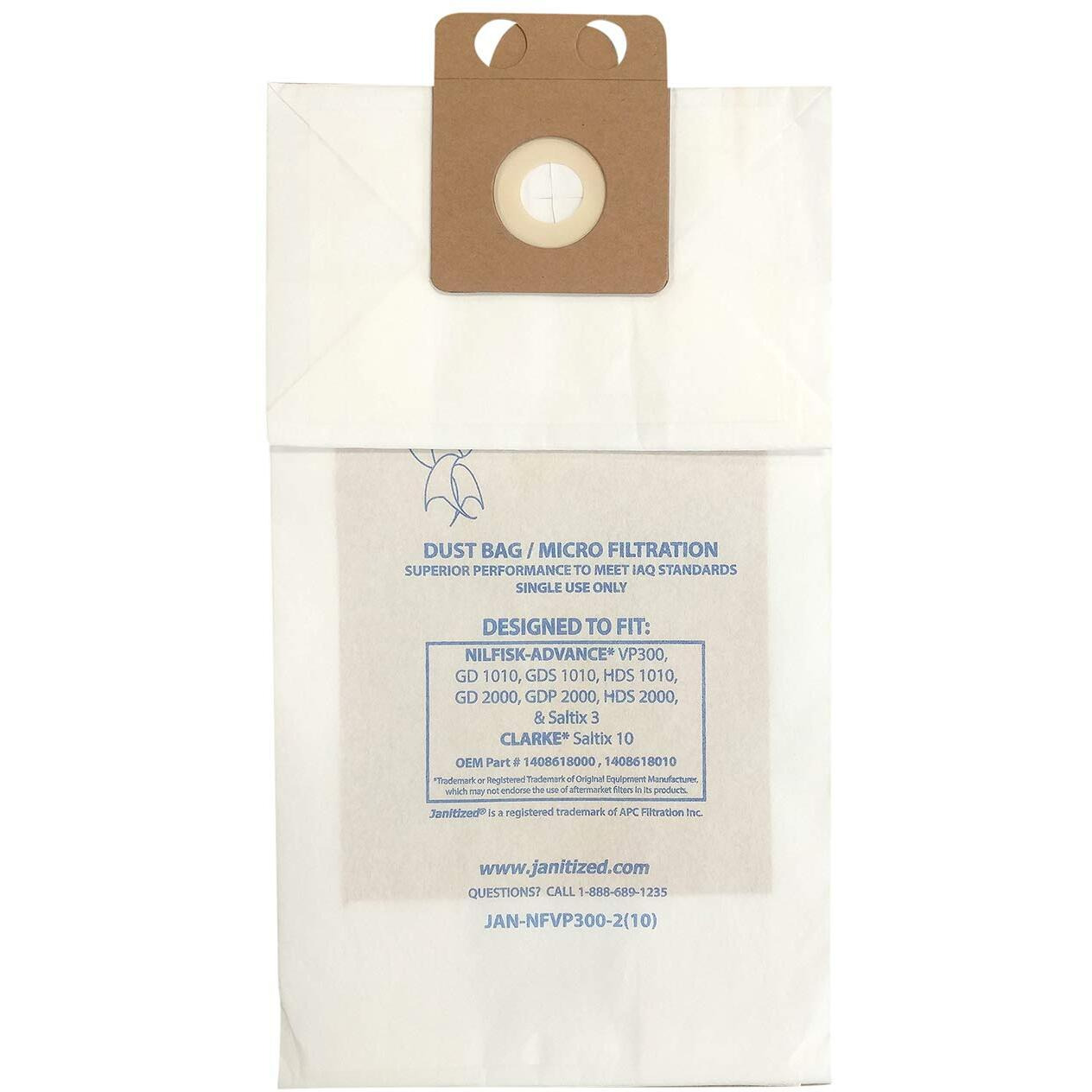 Janitized Jan-Nfvp300-2(10)-Ea Premium Replacement Commercial Vacuum Bag Designed To Fit Nilfisk Gd 1010 & Vp 300. Oem 1408618000  1408618010 (Pack Of 10)