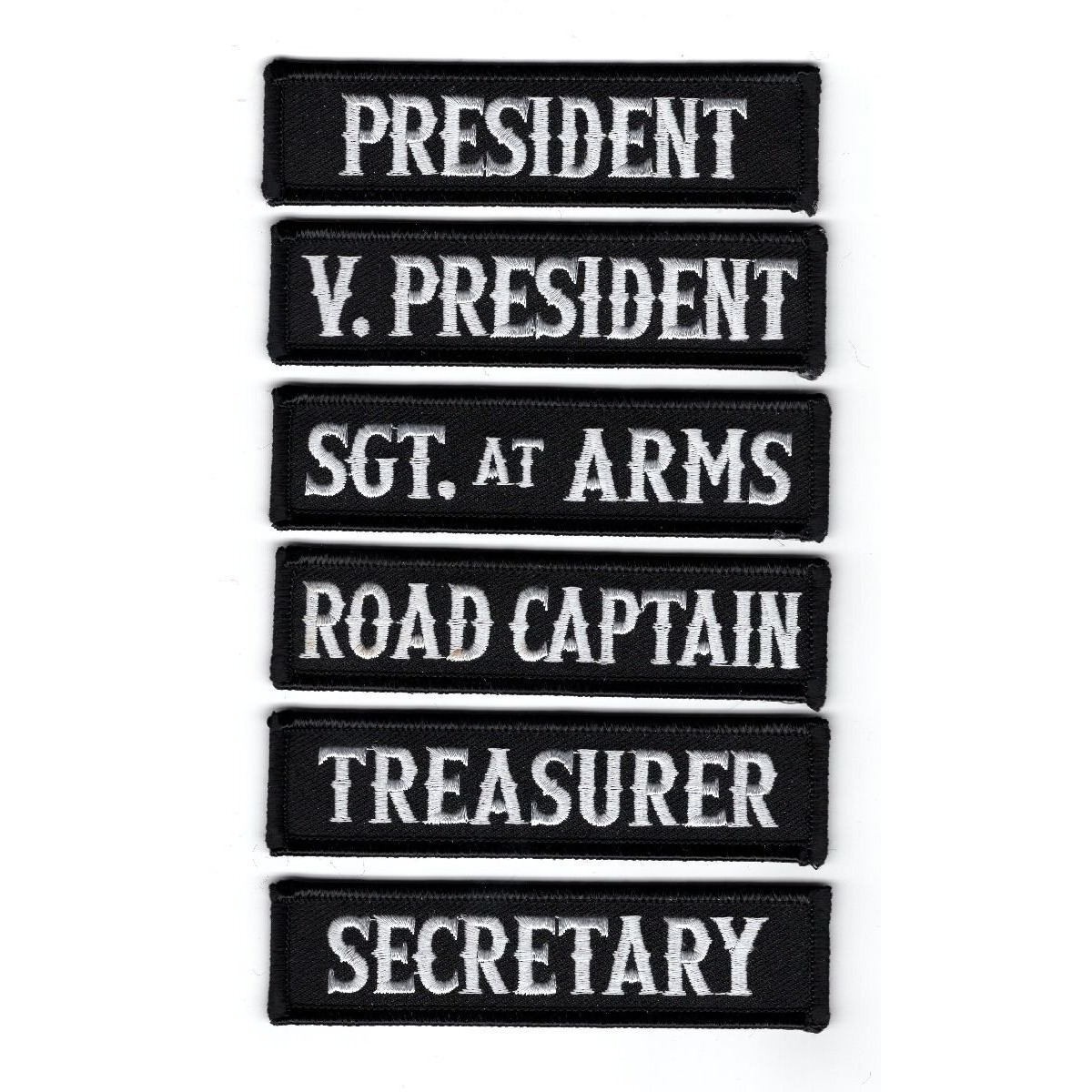 Officer Title Rank Vest Patches President Vp Mc Biker Club Patch Set (6Pc-Iron On-Wht-Blk)