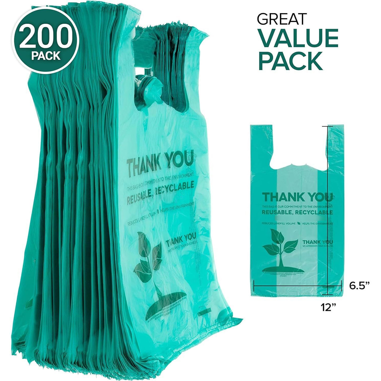 Stock Your Home Eco Grocery Bags Disposable (200 Pack) T-Shirt Thank You Bag With Handles For Supermarket  Groceries  Produce  Shopping  Trash  Small Baggies Bulk
