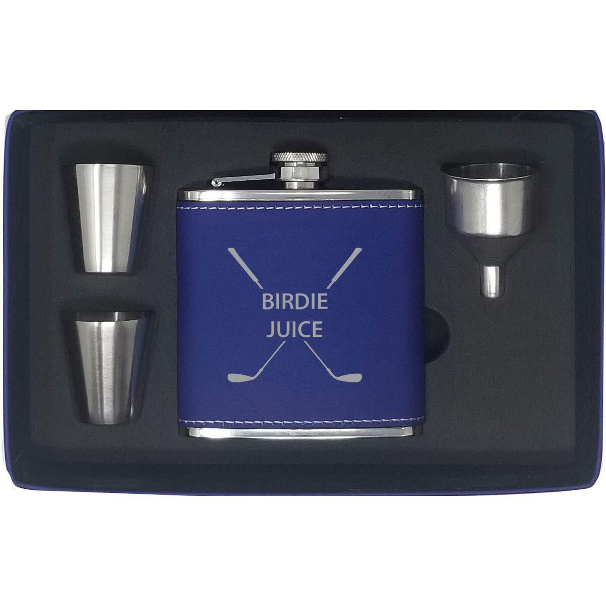 Birdie Juice Flask  Funnel  Shot Glasses  And Gift Box - Golfing Birdie Juice Hip Stainless Steel Leatherette Metal Matte 6-Ounce Golf Bag Flask (Blue)