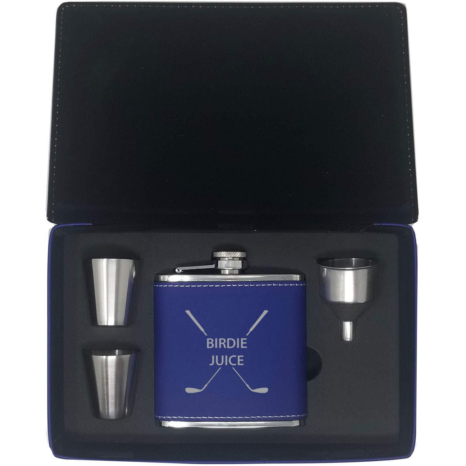 Birdie Juice Flask  Funnel  Shot Glasses  And Gift Box - Golfing Birdie Juice Hip Stainless Steel Leatherette Metal Matte 6-Ounce Golf Bag Flask (Blue)