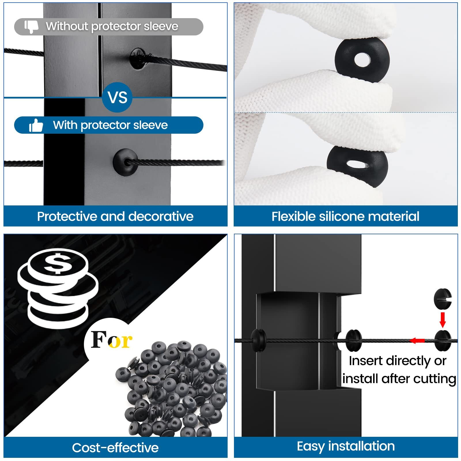 Muzata 250Pack 1/8"" 5/32"" Level Wheel Protector Sleeve Black Silicone Rubber Cable Railing Kit Only For Level Metal Posts 1/8"" 5/32"" Cable Cb29  Cp3