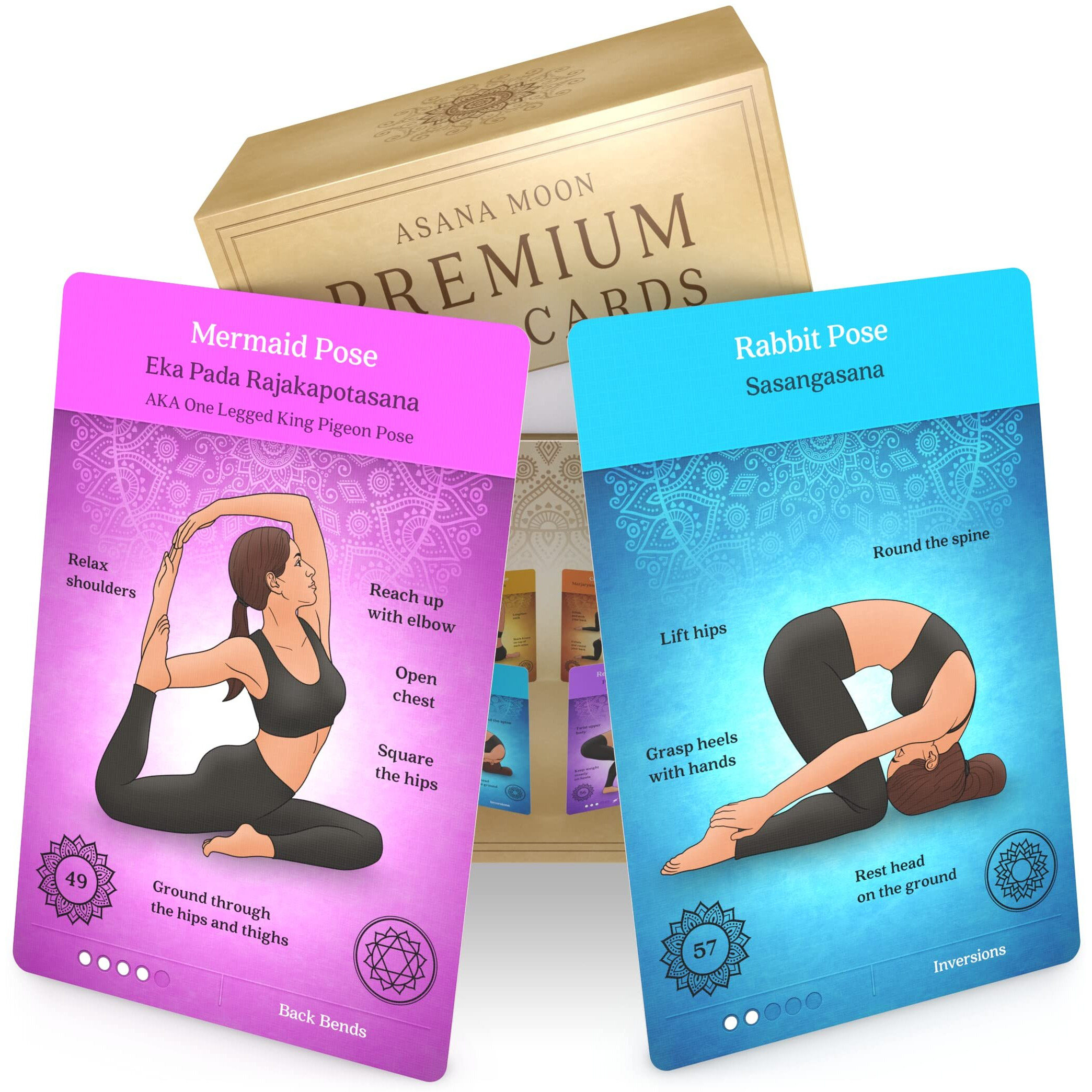 Asana Moon Premium Yoga Cards - Deck With Over 120 Yoga Poses - Yoga Sequencing Deck With Yoga Cues And Sanskrit Names For Beginners And Teachers - Unique Yoga Gift For Women Or Any Yoga Lover
