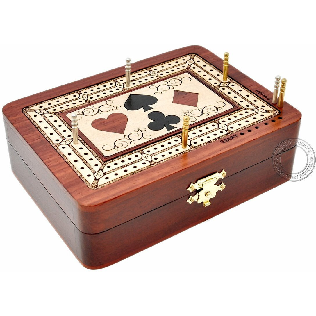 House Of Cribbage - 2 Track - Wooden Cribbage Board/Box - Inlaid In Bloodwood/Maple Wood - Storage For Pegs & One Deck Of Cards - 60 Points - Non Continuous