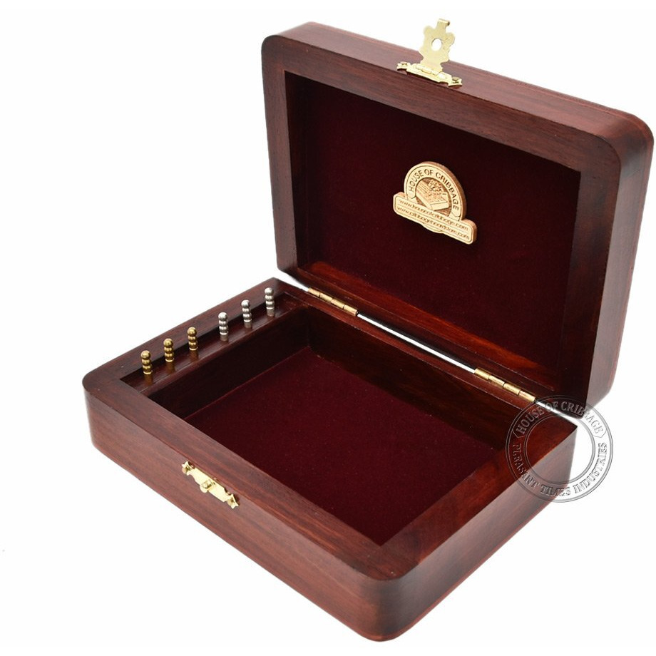 House Of Cribbage - 2 Track - Wooden Cribbage Board/Box - Inlaid In Bloodwood/Maple Wood - Storage For Pegs & One Deck Of Cards - 60 Points - Non Continuous