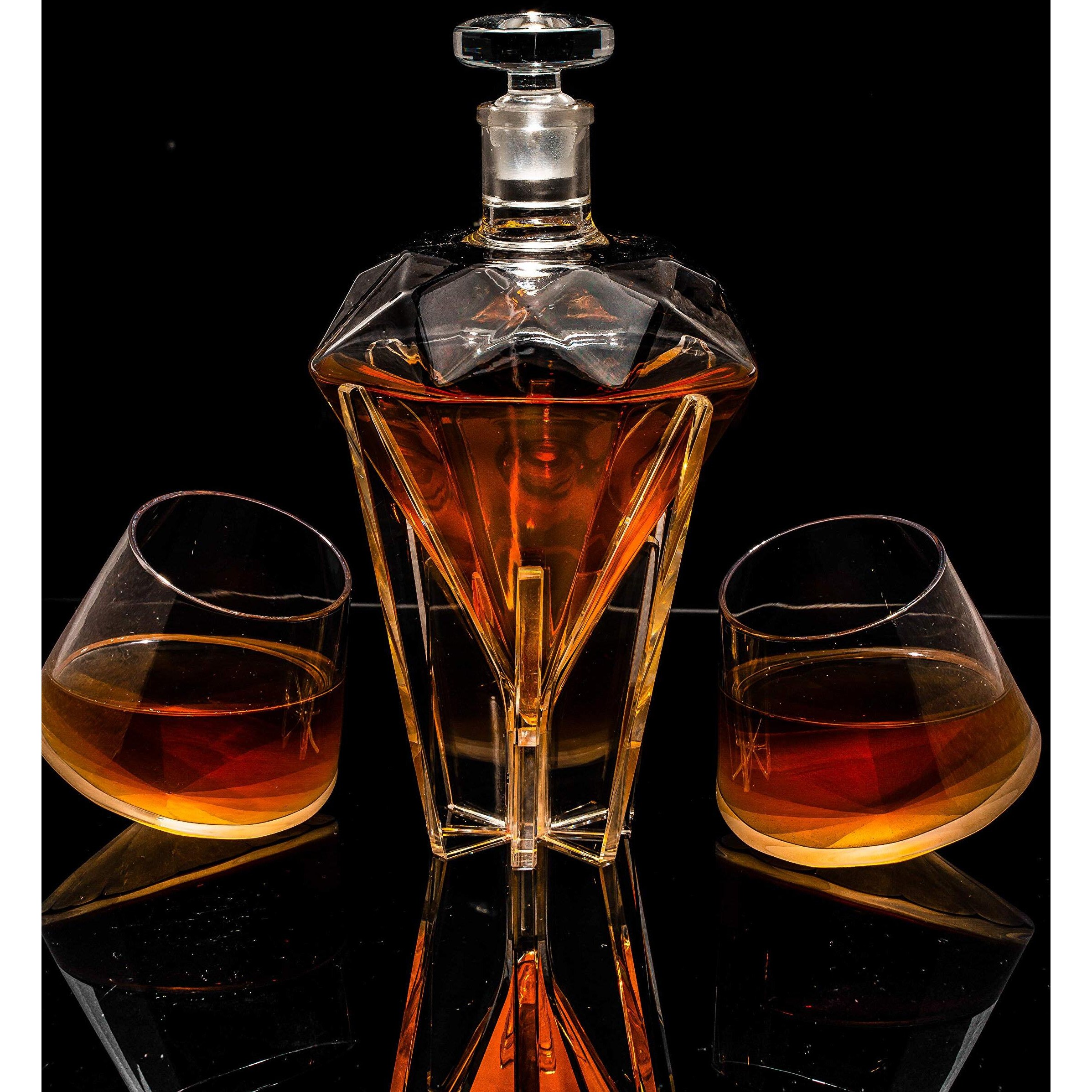 The Wine Savant Diamond Whiskey Decanter L With 2 Diamond Glasses Decanter Set  Diamond Wine Glass Holding Base With 2 Diamond Glasses Liquor  Scotch  Rum  Bourbon  Vodka  Tequila