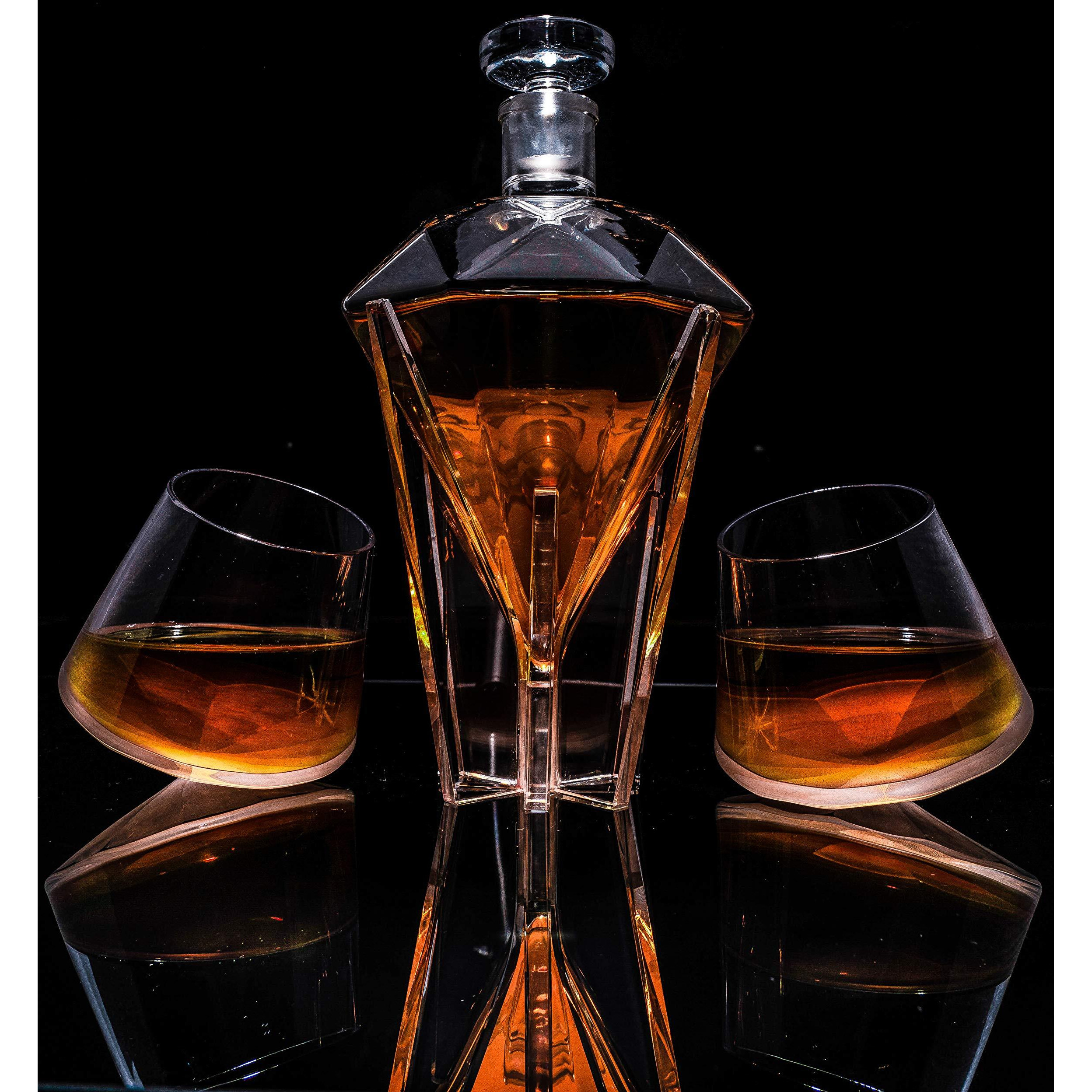 The Wine Savant Diamond Whiskey Decanter L With 2 Diamond Glasses Decanter Set  Diamond Wine Glass Holding Base With 2 Diamond Glasses Liquor  Scotch  Rum  Bourbon  Vodka  Tequila