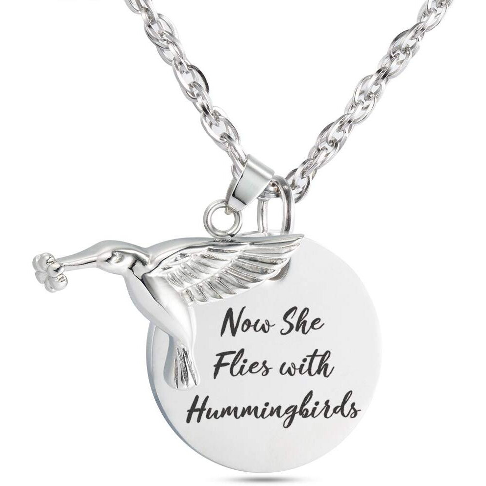 Now She Flies With Hummingbirds Urn Necklace Cremation Jewelry Stainless Steel Memorial Pendant For Ashes