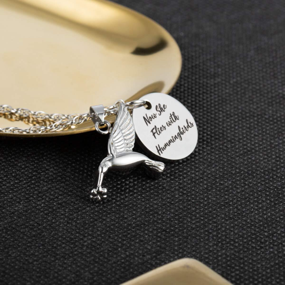 Now She Flies With Hummingbirds Urn Necklace Cremation Jewelry Stainless Steel Memorial Pendant For Ashes