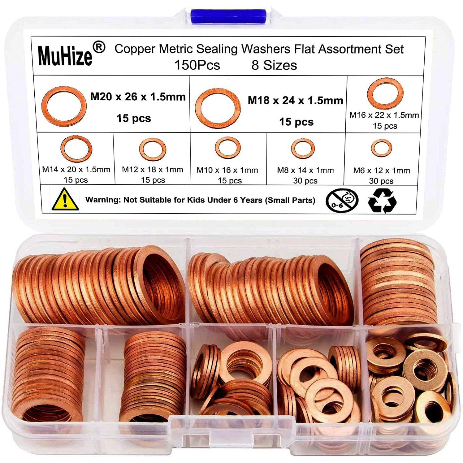 Muhize Copper Washers - Upgraded 150Pcs 8 Sizes Copper Metric Sealing Washers Flat Washers Assortment Kit (M6 M8 M10 M12 M14 M16 M18 M20)