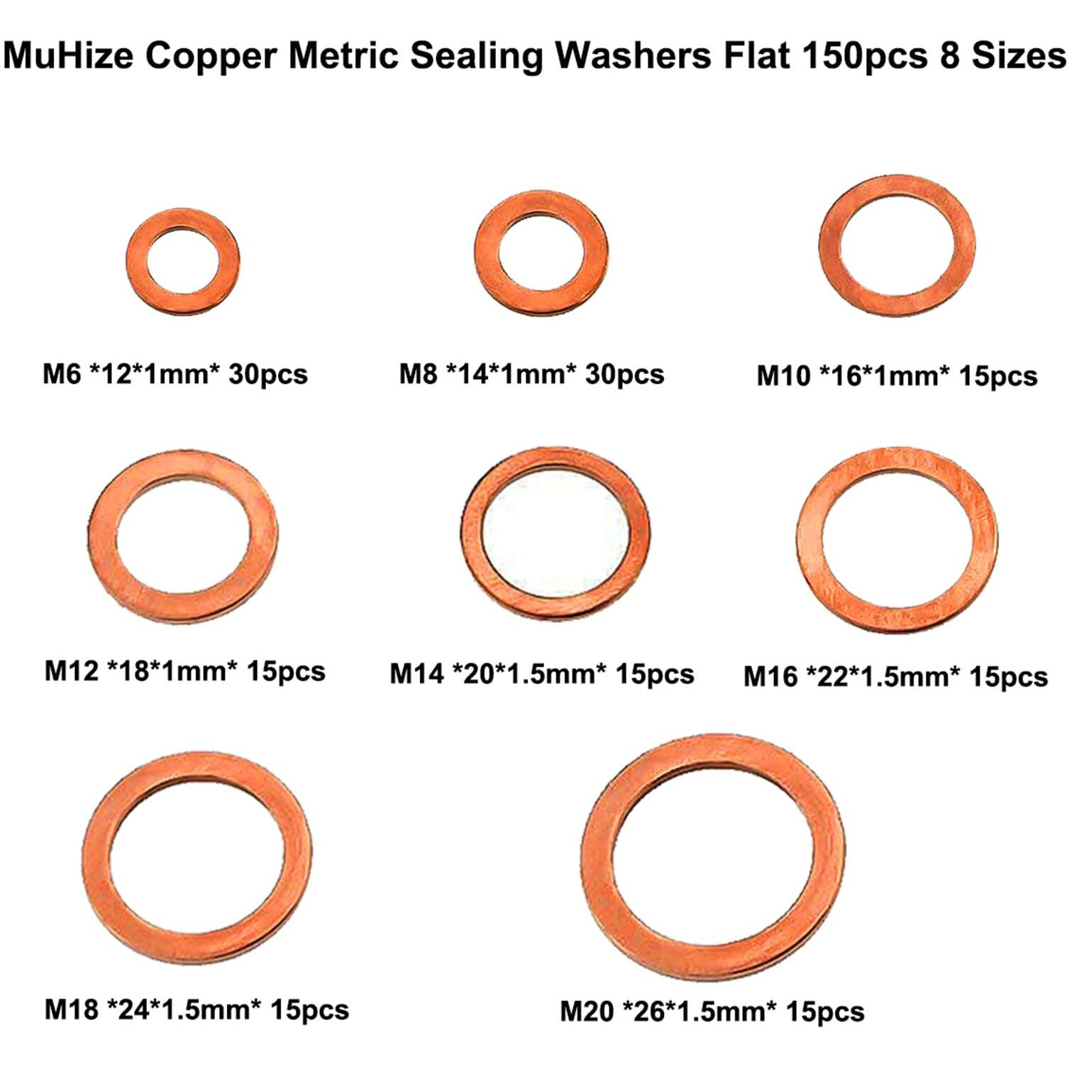 Muhize Copper Washers - Upgraded 150Pcs 8 Sizes Copper Metric Sealing Washers Flat Washers Assortment Kit (M6 M8 M10 M12 M14 M16 M18 M20)