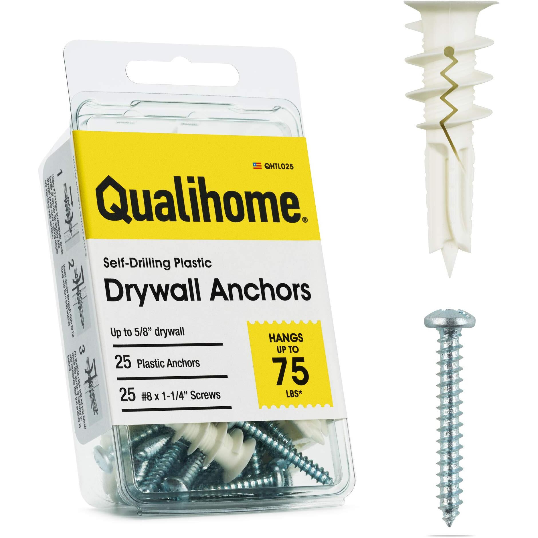 8 Self Drilling Drywall Plastic Anchors With Screws - No Pre Drill Hole Preparation Required - 75 Lbs