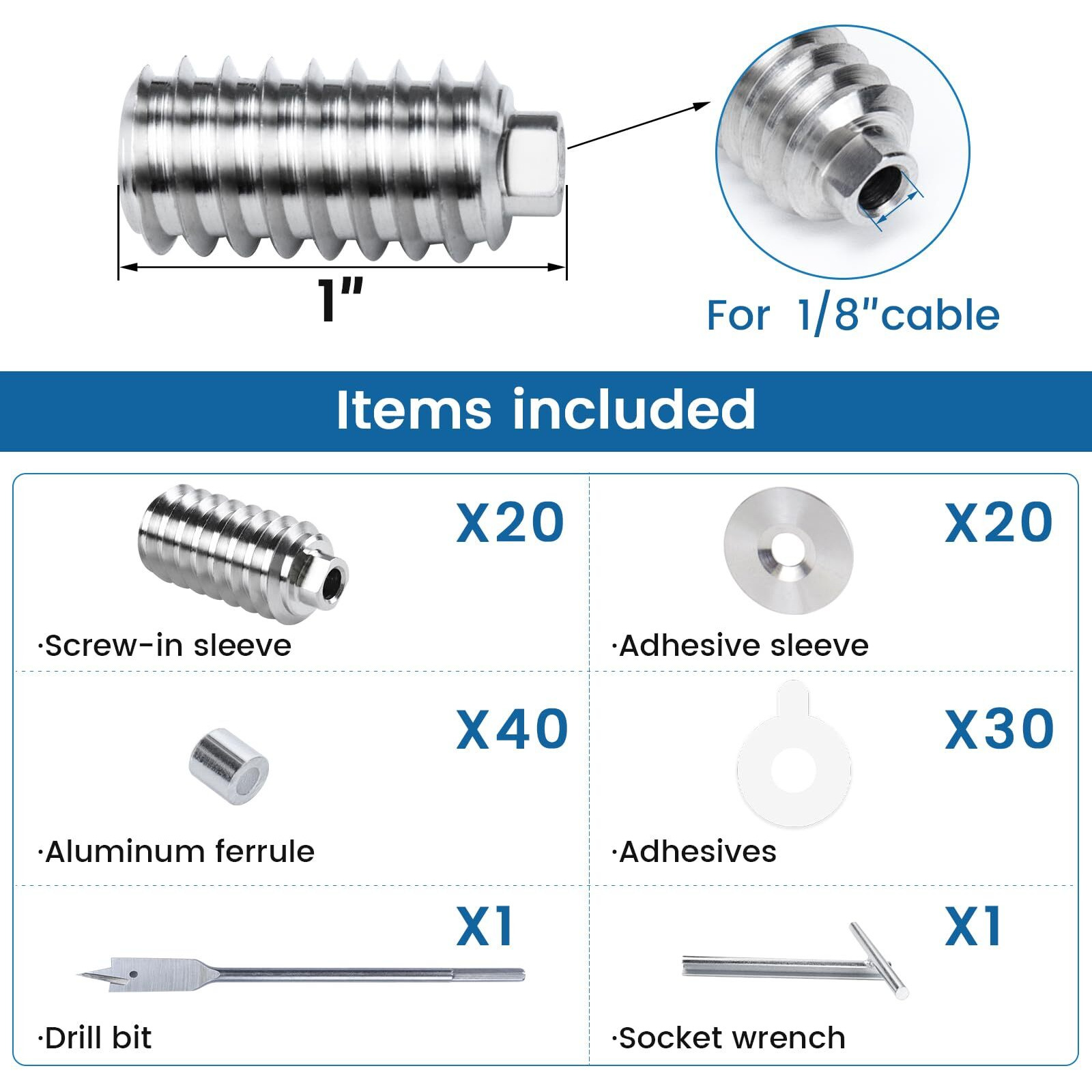 Muzata 20Pack 1/8"" Invisible Cable Railing Kit Swage Lag Screw Cable Genie Tensioner Hidden T316 Stainless Steel For 4X4 6X6 8X8 Wood Posts Deck Stairs With Socket Wrench For 10 Cable Runs Cr73