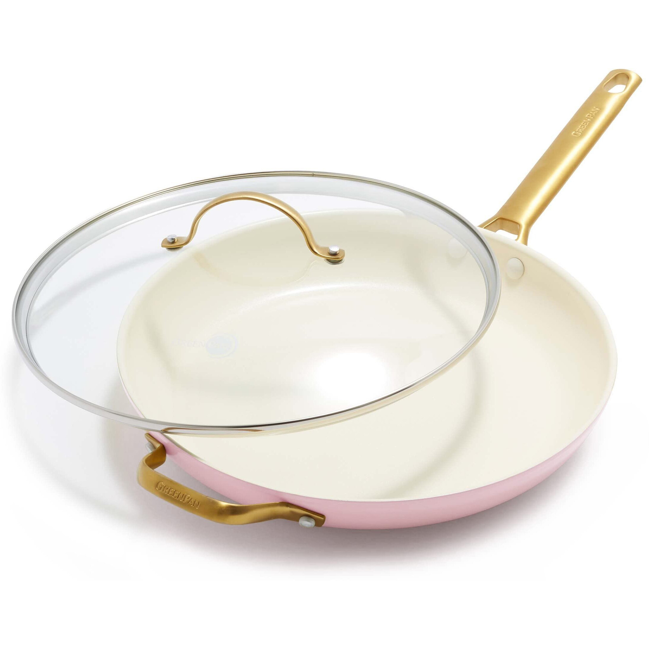 Greenpan Reserve Hard Anodized Healthy Ceramic Nonstick 12"" Frying Pan Skillet With Helper Handle And Lid  Gold Handle  Pfas-Free  Dishwasher Safe  Oven Safe  Blush Pink