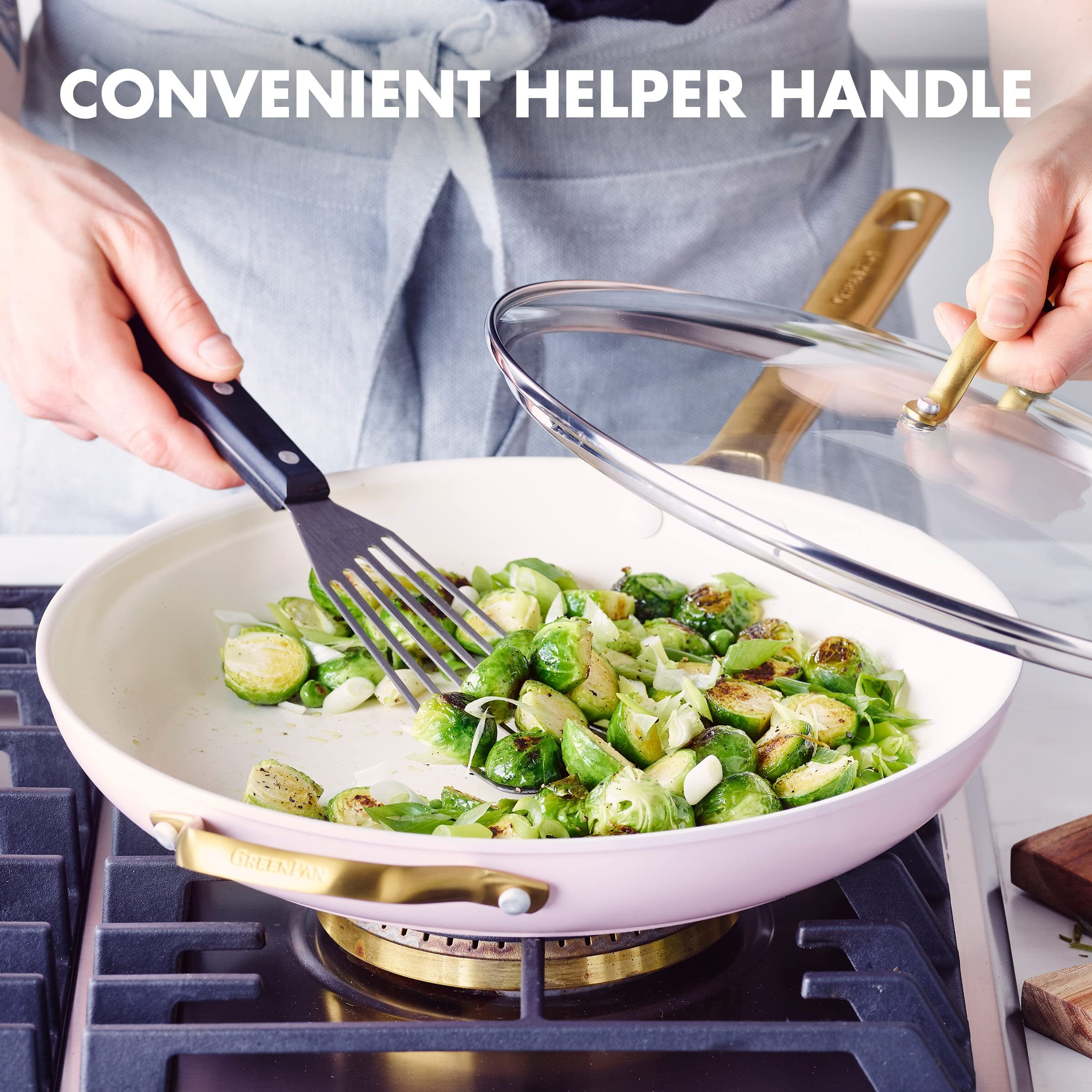 Greenpan Reserve Hard Anodized Healthy Ceramic Nonstick 12"" Frying Pan Skillet With Helper Handle And Lid  Gold Handle  Pfas-Free  Dishwasher Safe  Oven Safe  Blush Pink