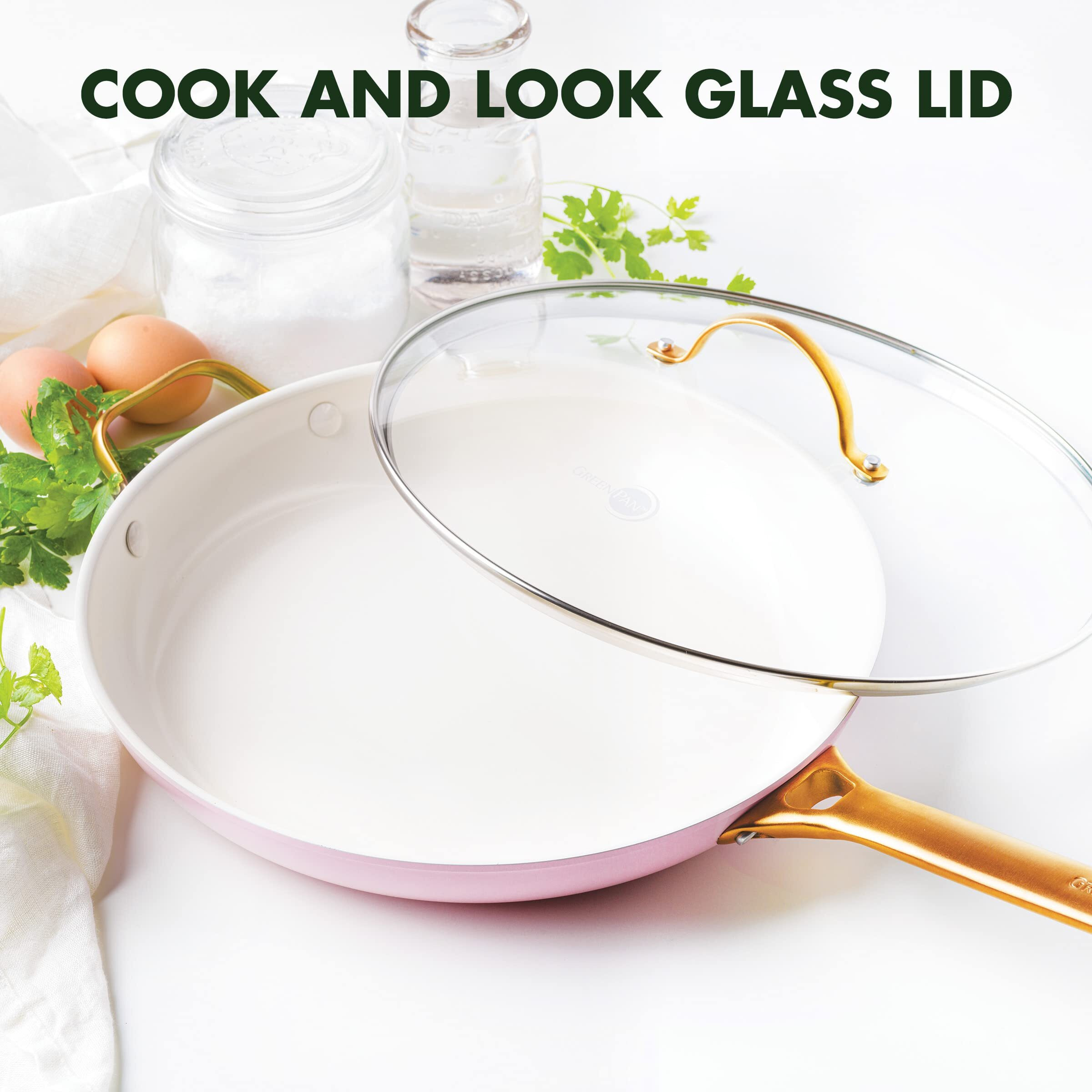 Greenpan Reserve Hard Anodized Healthy Ceramic Nonstick 12"" Frying Pan Skillet With Helper Handle And Lid  Gold Handle  Pfas-Free  Dishwasher Safe  Oven Safe  Blush Pink