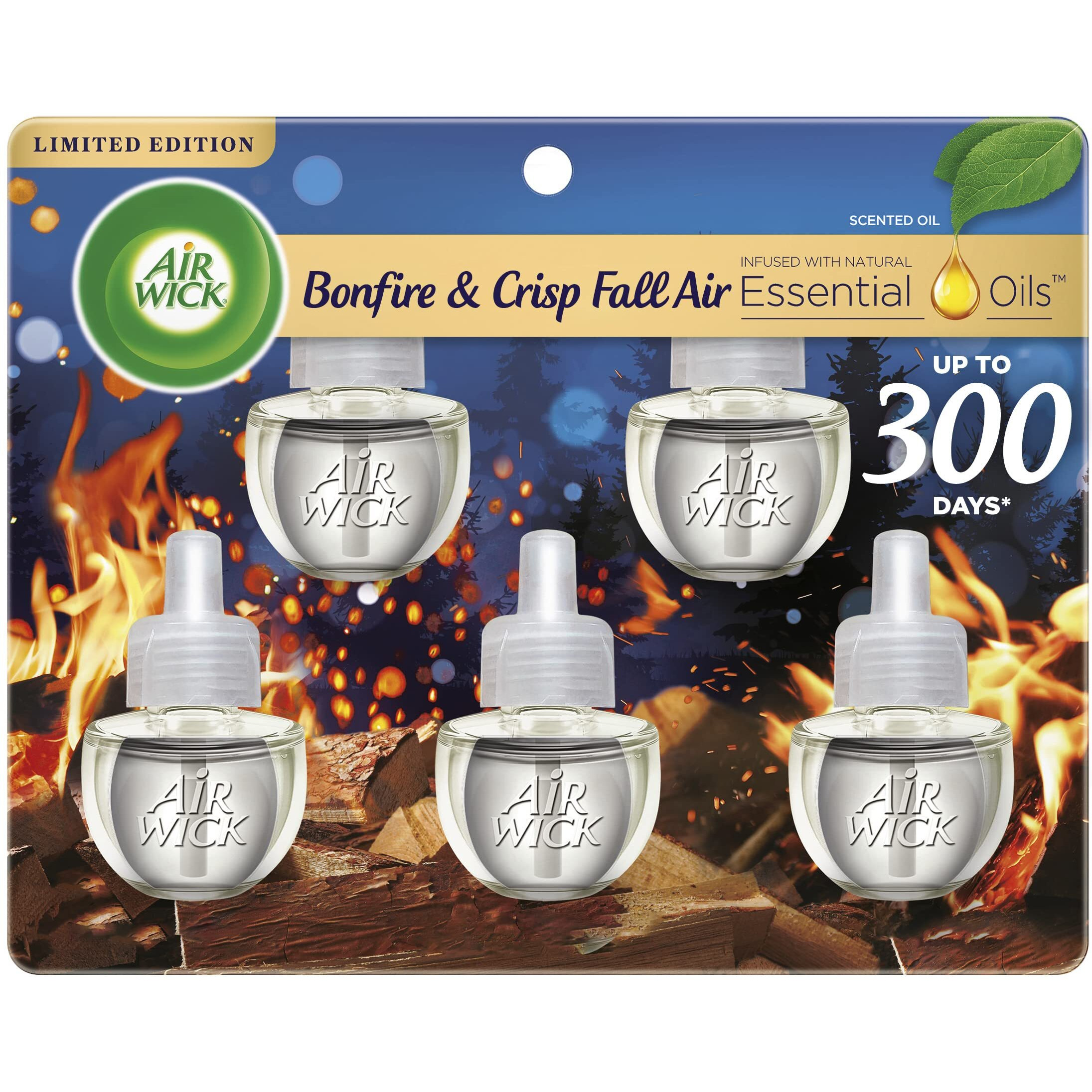Air Wick Plug In Scented Oil Refill  5Ct  Bonfire And Crisp Fall Air  Essential Oils  Air Freshener Fall Scent  Fall DCor