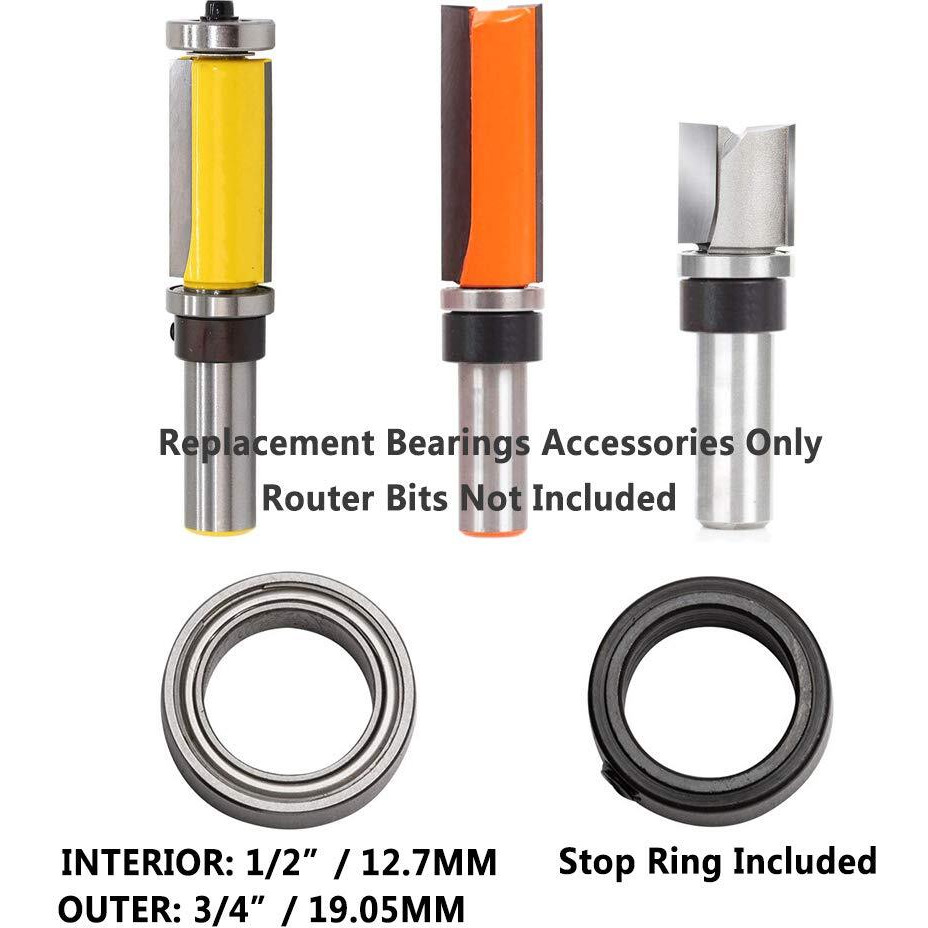 Yakamoz 3-Set Router Bit Replacement Bearings Bottom Mounted Ball Bearing Guide Survival Kit For 1/2 Inch Shank Router Bits | Inner Dia. 1/2  & Outer Dia. 3/4   Fixed Collar Included