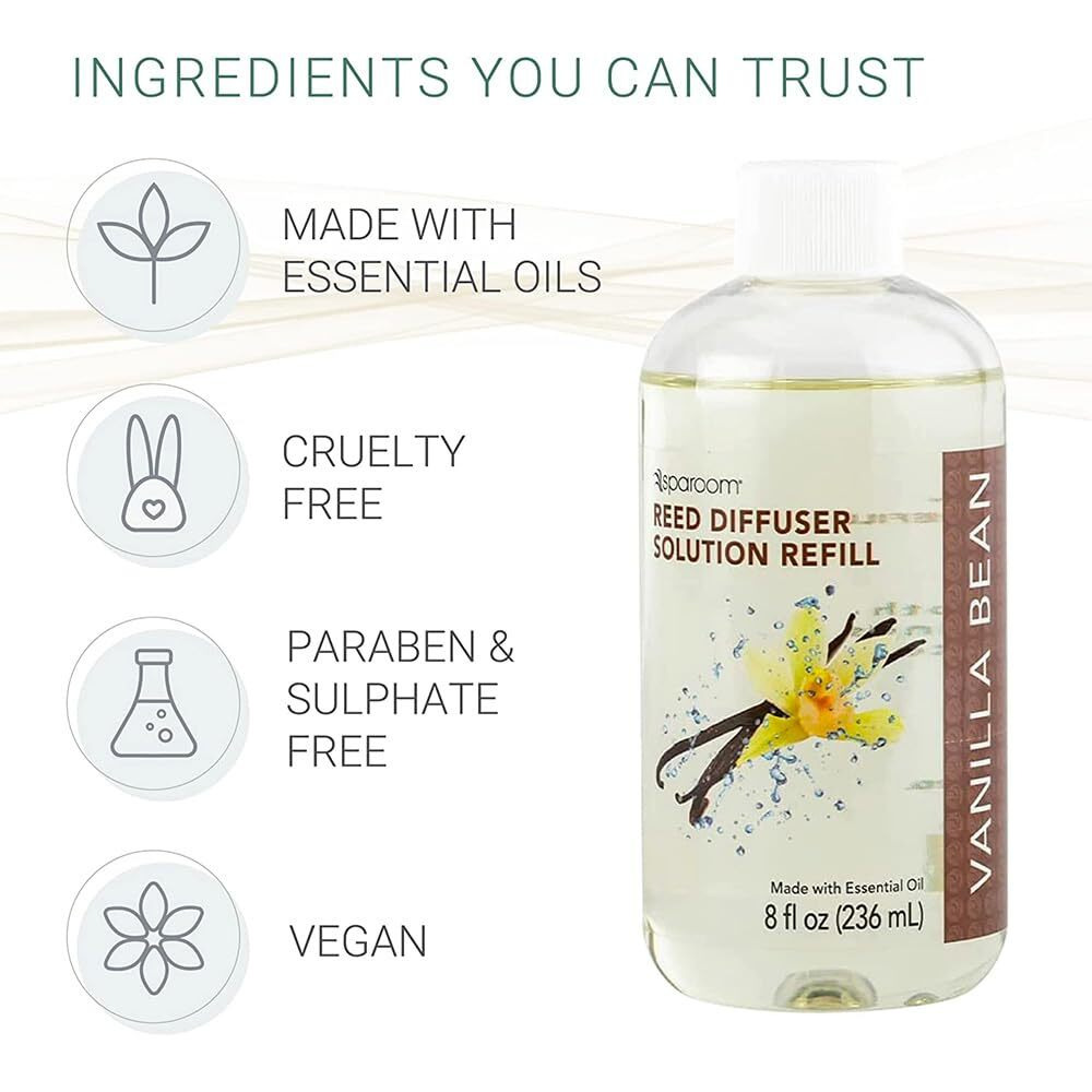 Sparoom Reed Diffuser Essential Oil Refill Solution  8 Ounces  Vanilla Bean Fragrance With Lemon Essentials Oil