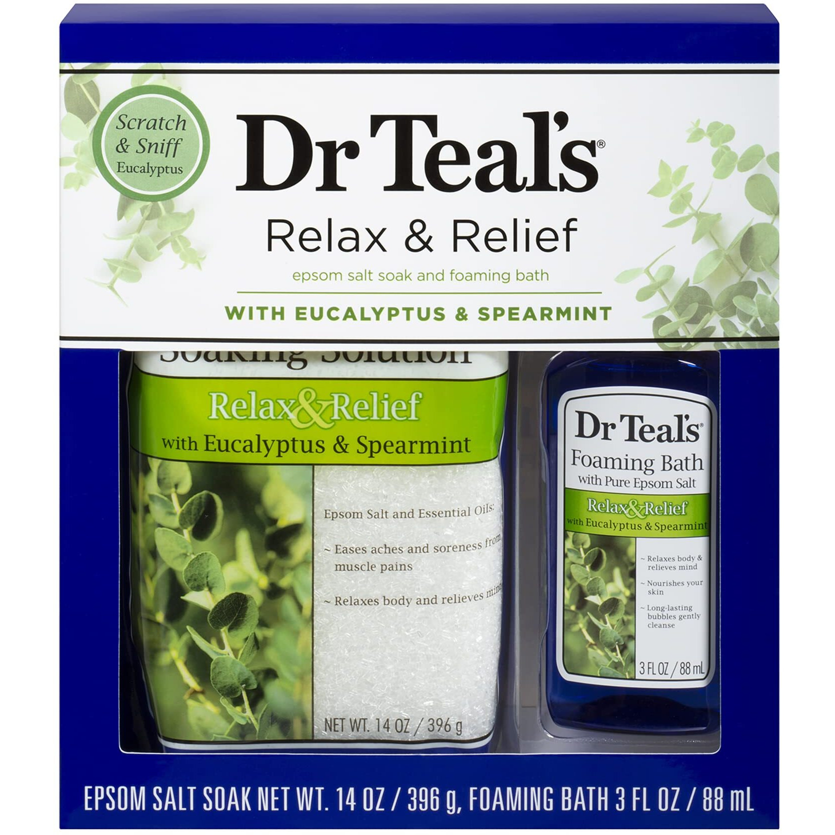 Dr Teal's Eucalyptus Epsom Salt & Foaming Bath Oil Sampler Gift Set - Give The Gift Of Rejuvenation & Self Care - 14 Oz Bag Of Eucalyptus Bath Salts & 3 Oz Bottle Of Eucalyptus Foaming Bath Oil