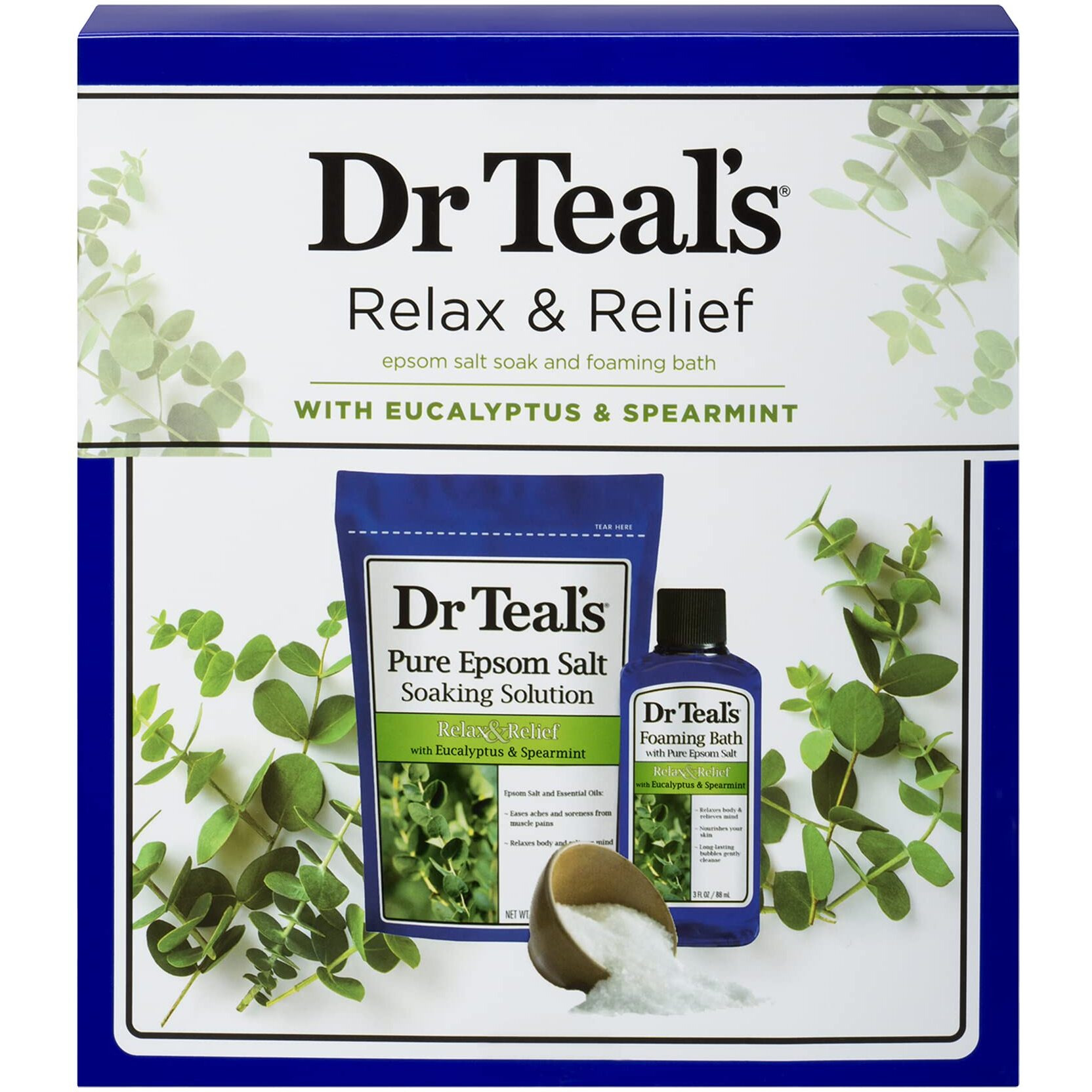 Dr Teal's Eucalyptus Epsom Salt & Foaming Bath Oil Sampler Gift Set - Give The Gift Of Rejuvenation & Self Care - 14 Oz Bag Of Eucalyptus Bath Salts & 3 Oz Bottle Of Eucalyptus Foaming Bath Oil