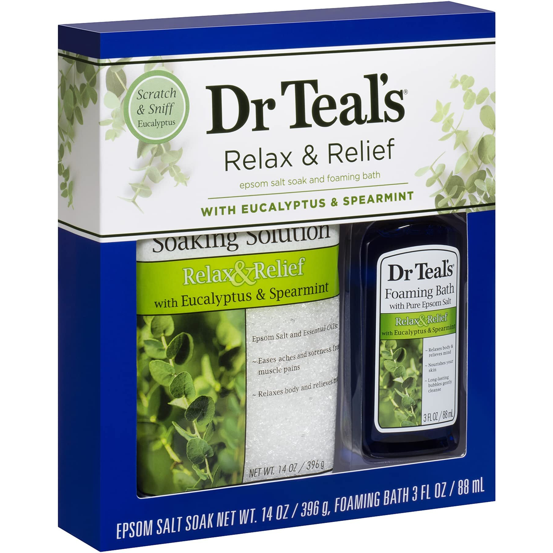 Dr Teal's Eucalyptus Epsom Salt & Foaming Bath Oil Sampler Gift Set - Give The Gift Of Rejuvenation & Self Care - 14 Oz Bag Of Eucalyptus Bath Salts & 3 Oz Bottle Of Eucalyptus Foaming Bath Oil
