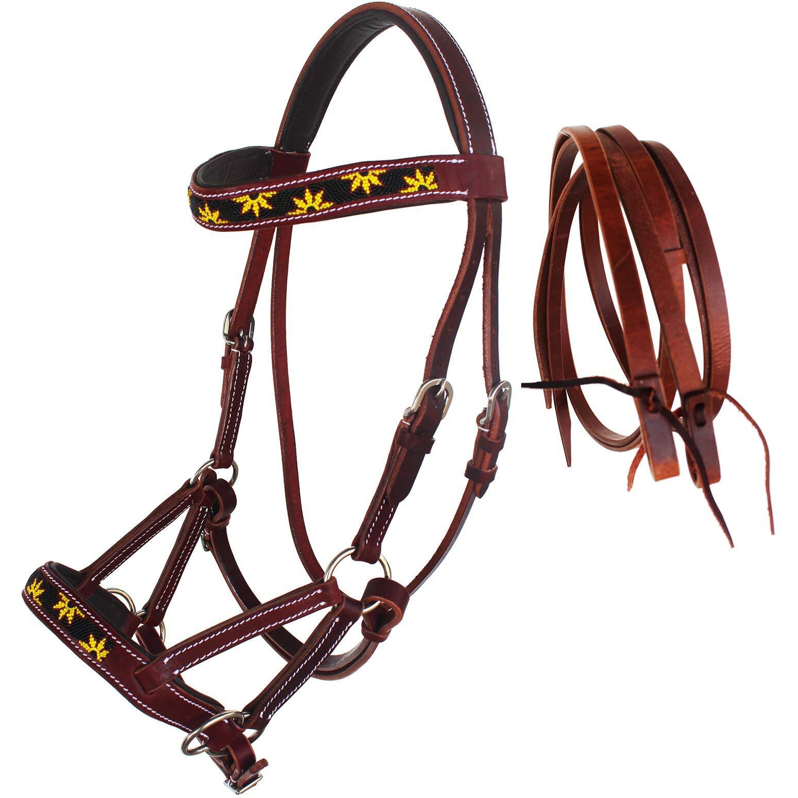 Challenger Horse Western Leather Beaded Bitless Sidepull Bridle Reins Sun Flower 77Rs24Mg-F