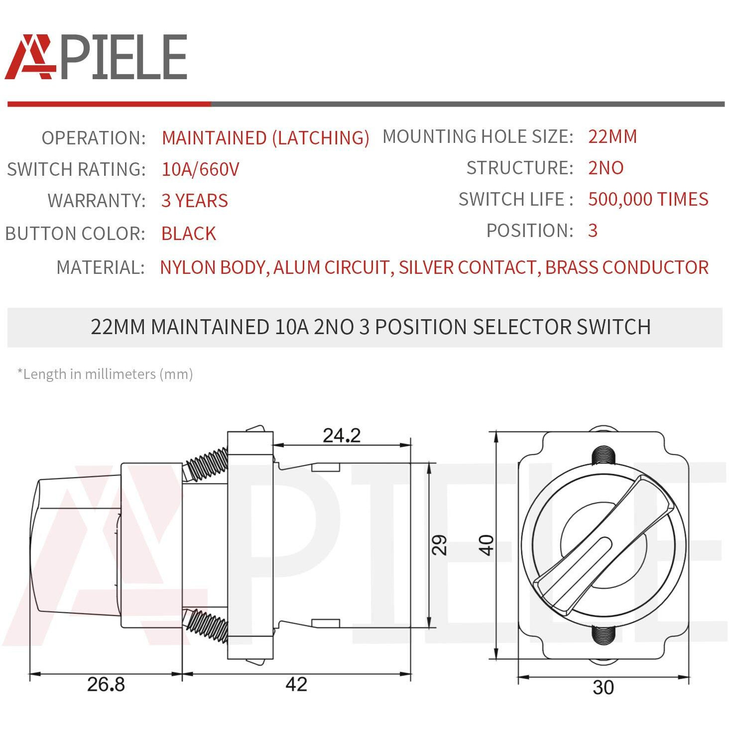 Apiele (Pack Of 2) 22Mm 3 Position Selector Switch Maintained 2No Xb2-20X/31 (3 Position Maintained)