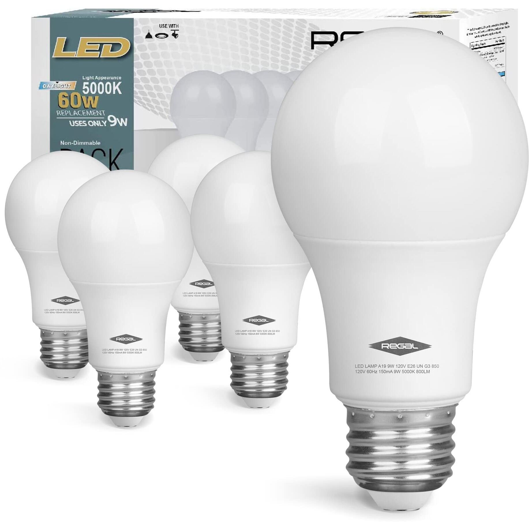 Regal Led A19 Light Bulb 5000K Daylight 800-Lumen  9-Watt (60-Watt Equivalent)  E26 Base  5000 Kelvin  Day Light  5-Pack  Non-Dimmable