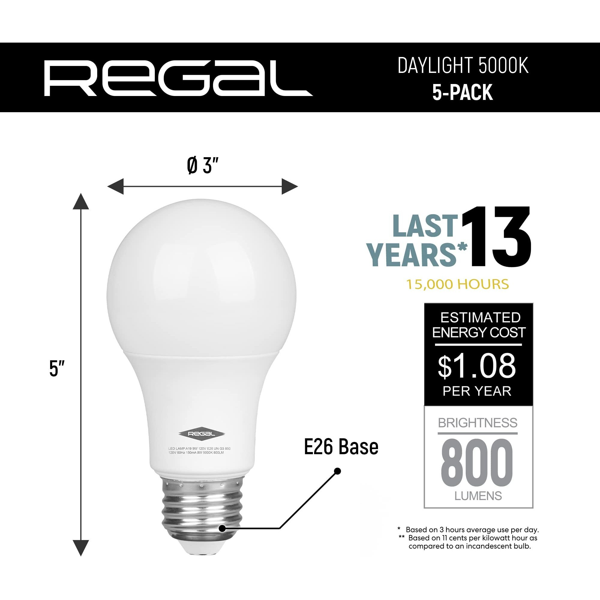 Regal Led A19 Light Bulb 5000K Daylight 800-Lumen  9-Watt (60-Watt Equivalent)  E26 Base  5000 Kelvin  Day Light  5-Pack  Non-Dimmable