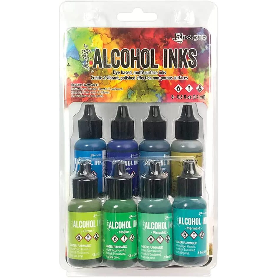 Ranger Tim Holtz Alcohol Inks 8 Pc Blues / Greens Alloy Gilded Dye Based  Multi-Surface Inks