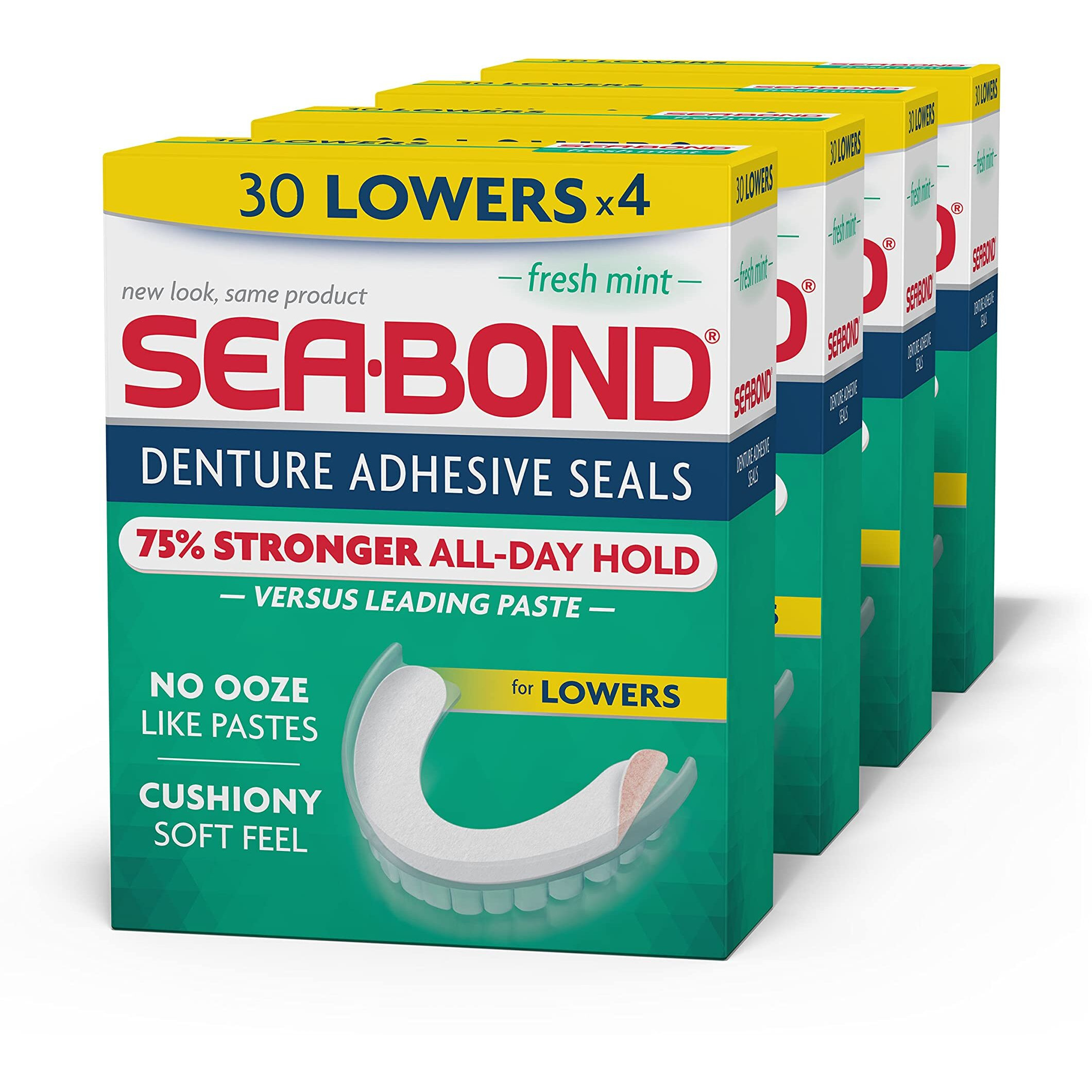 Sea-Bond Secure Denture Adhesive Seals  Fresh Mint Lowers  Zinc-Free  All-Day-Hold  Mess-Free  30 Count (Pack Of 4)