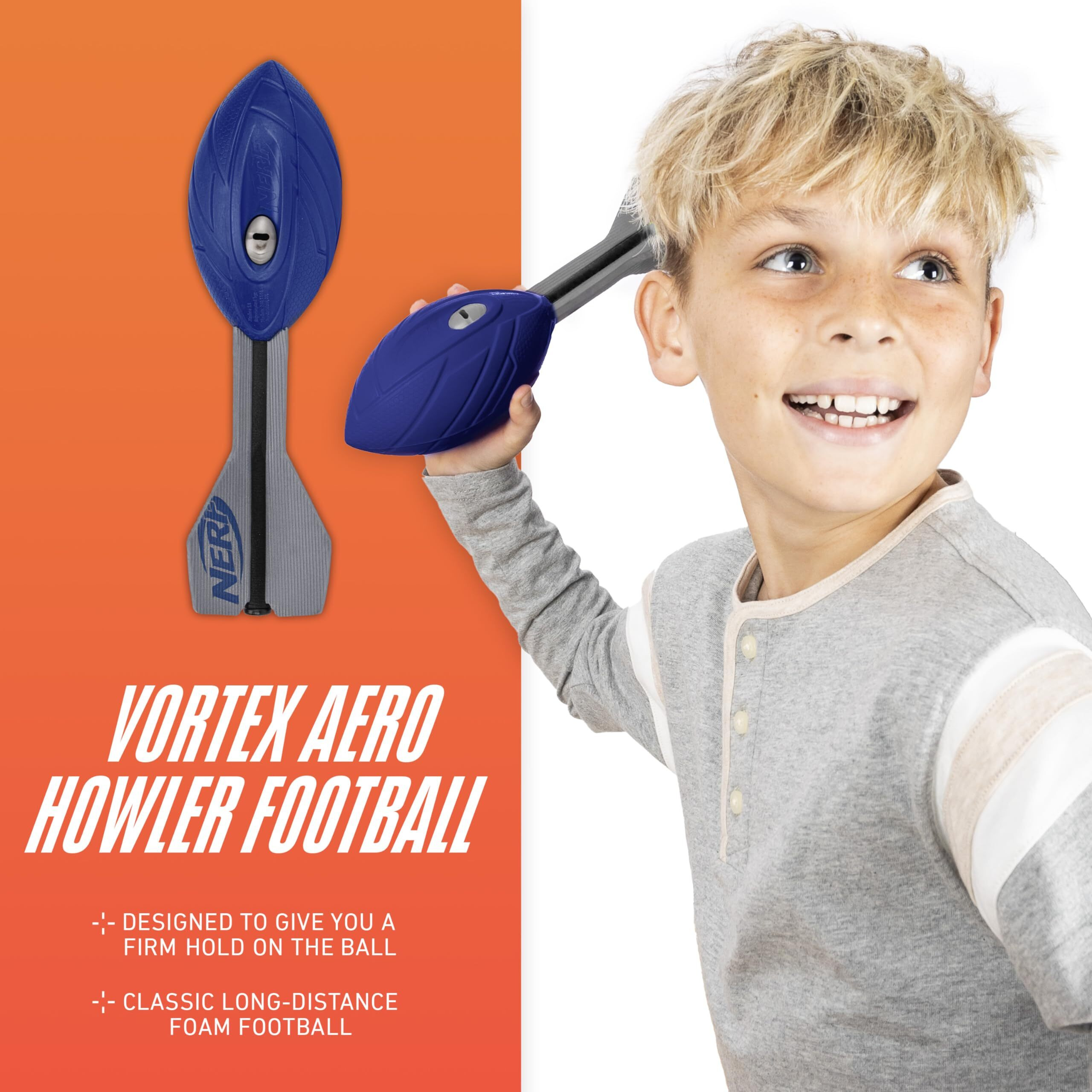 Nerf Vortex Aero Howler Foam Football - Nerf Soft Vortex Football For Long-Distance Throws - Perfect For Pool + Beach Football - Kids Aero Howler Whistle Vortex Foam Ball - Blue