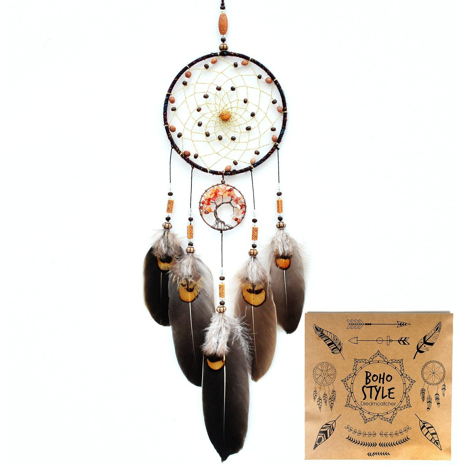 Urdeoms Tree Of Life Dream Catchers For Girls Boho Dream Catcher Wall Decor For Bedroom Adult Crystal Red Agate Healing Stone Hanging Ornament Decoration Cute Room Decor 18"" Length(No.17)