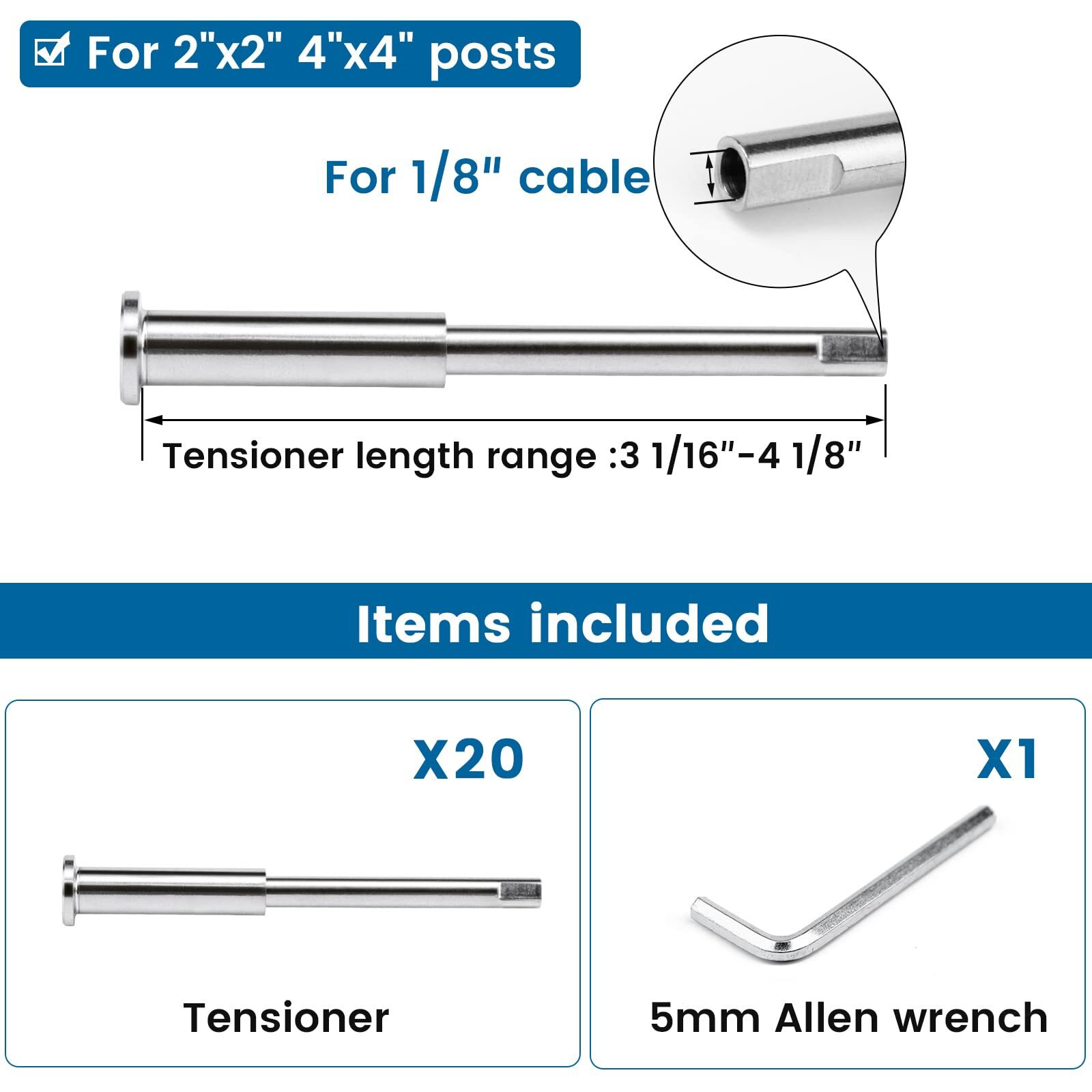 Muzata 20Pack 1/8"" Invisible Cable Railing Kit Swage Tensioner Hidden T316 Stainless Steel Threaded Stud For 2"&quotX2"" 4"&quotX4"" Wood Metal Post Deck Stairs Railing Cr52