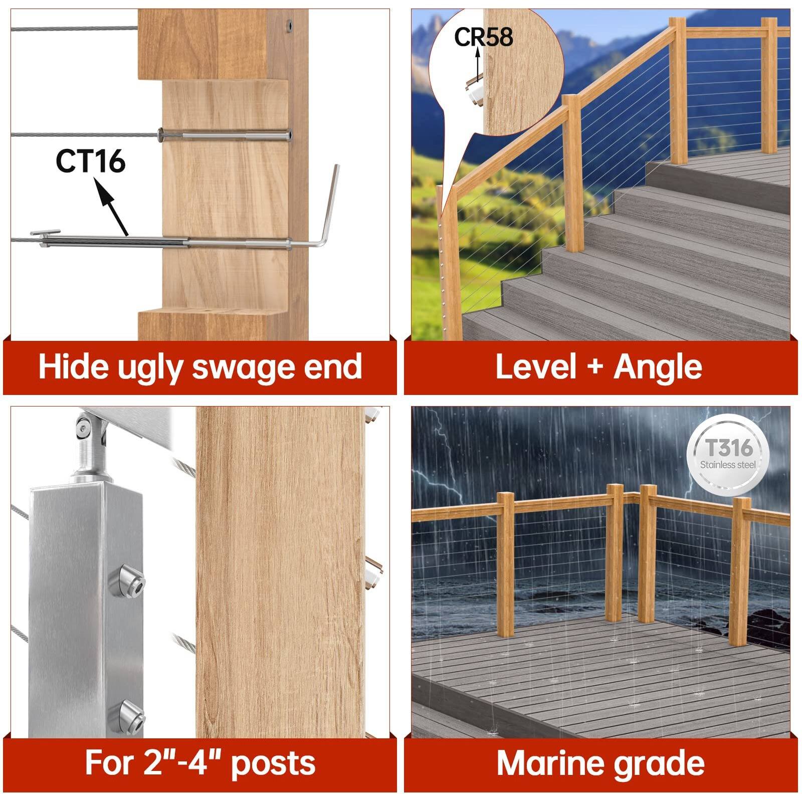 Muzata 20Pack 1/8"" Invisible Cable Railing Kit Swage Tensioner Hidden T316 Stainless Steel Threaded Stud For 2"&quotX2"" 4"&quotX4"" Wood Metal Post Deck Stairs Railing Cr52