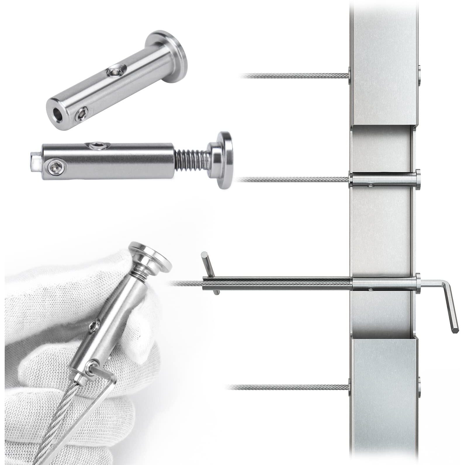 Muzata 20Pairs Swageless Cable Railing Kit 1/8"" Invisible Tensioner And Terminal No Need Crimper Tool Flat Head Hidden Cable Rail For 2"&quotX2"" Metal Post Deck Stairs For 10 Cable Runs Cb05 Cv2 Cl1