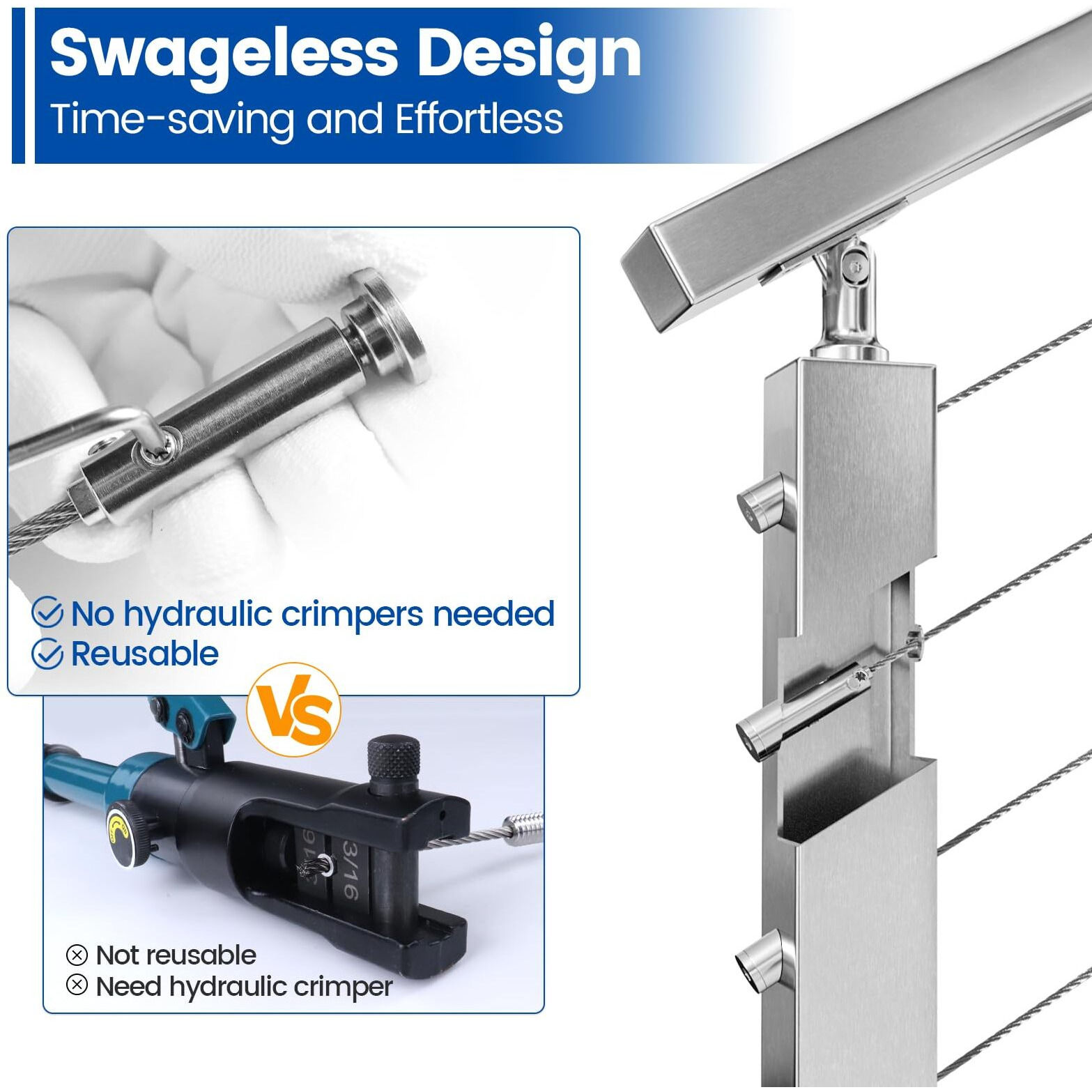 Muzata 20Pairs Swageless Cable Railing Kit 1/8"" Invisible Tensioner And Terminal No Need Crimper Tool Flat Head Hidden Cable Rail For 2"&quotX2"" Metal Post Deck Stairs For 10 Cable Runs Cb05 Cv2 Cl1