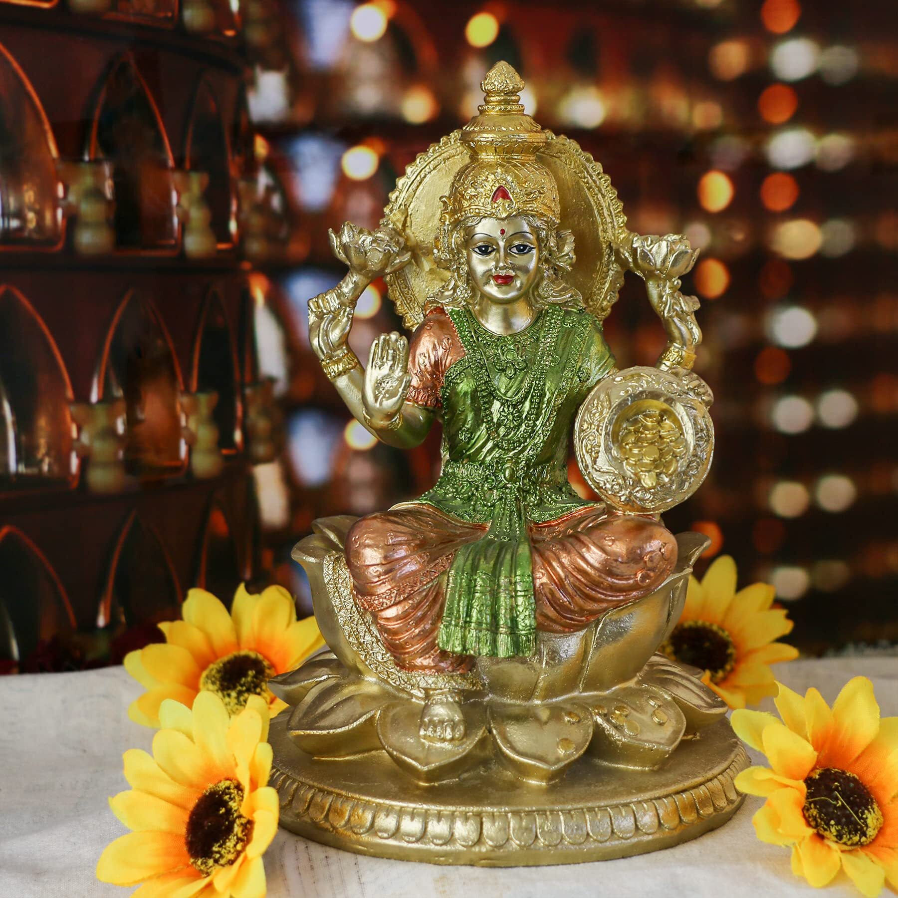 Alikiki Hindu Goddess Lord Lakshmi Statue - Indian Big Laxmi Home Office Mandir Temple Puja Item Murti Prayer Diwali Pooja Altar Shine Kit Meditation Zen Yoga Room Spiritual Decor