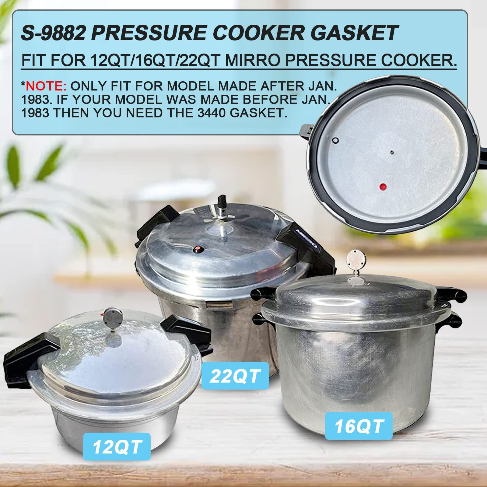 S-9882 Mirro Pressure Cooker Gasket For Mirro 12Qt/16Qt/22Qt Model M-0512 / M-0522 / M-0312 / M-0406 / M-0416 / M-0526 -2 Pack