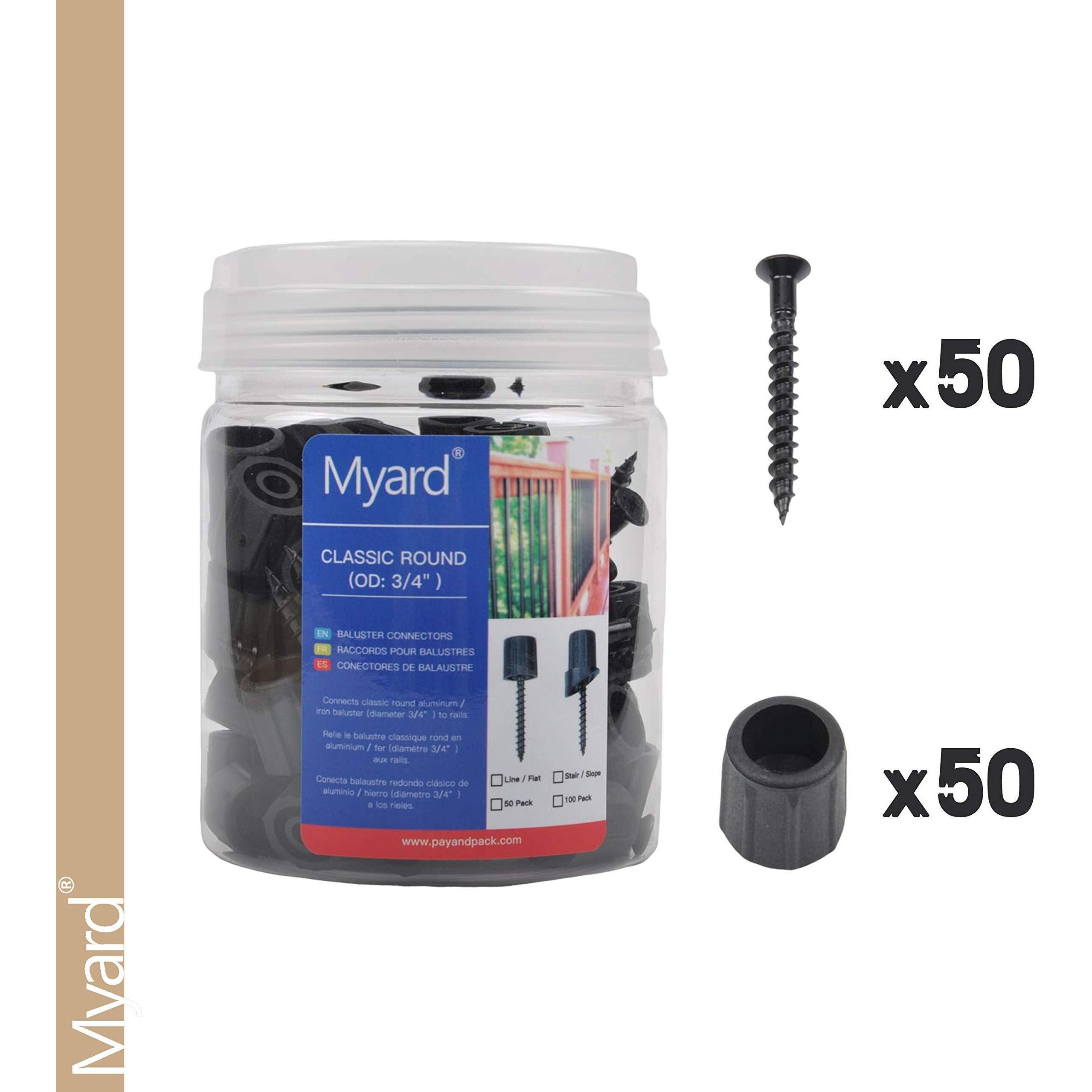Myard 3/4"" Anti-Uv Black Baluster Connectors 50Pcs For 25 Round Balusters With Stainless Steel Screws  No Drilling Fast Installation For Deck Handrail Staircase Balusters