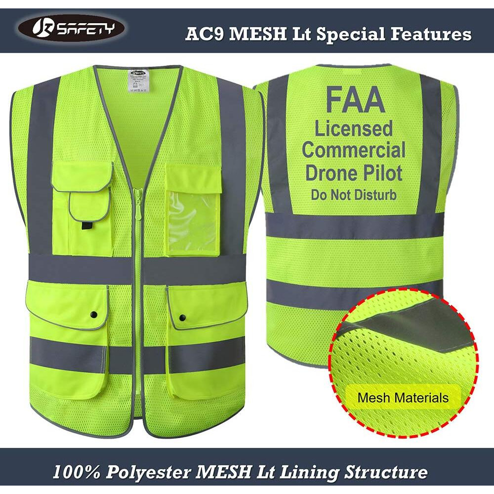 Jksafety 9 Pockets Class 2 High Visibility Zipper Front Faa Drone Pilot Safety Vest With Reflective Strips  Hq Breathable Mesh Meets Ansi/Isea Standards(210-Drone-Yellow L)