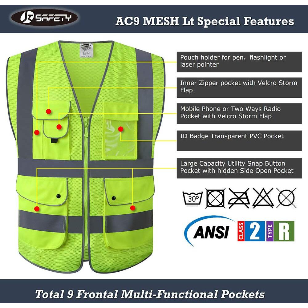Jksafety 9 Pockets Class 2 High Visibility Zipper Front Faa Drone Pilot Safety Vest With Reflective Strips  Hq Breathable Mesh Meets Ansi/Isea Standards(210-Drone-Yellow L)