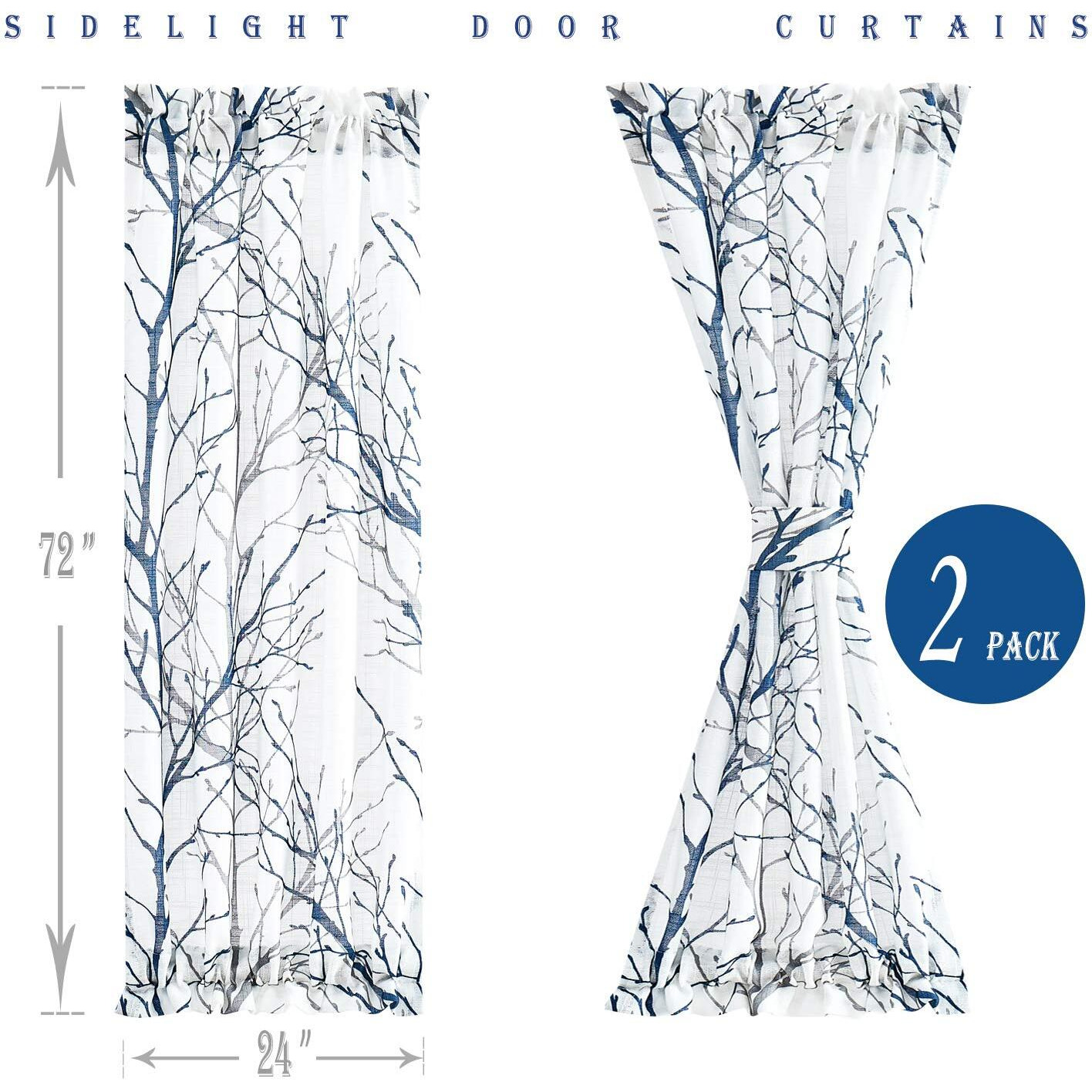 Fmfunctex Sidelight Sheer French Door Curtains 72"" Long White  Blue And Grey Print Branch Semi-Sheer Door Panels For Front Patio Door 24 W 2 Pk