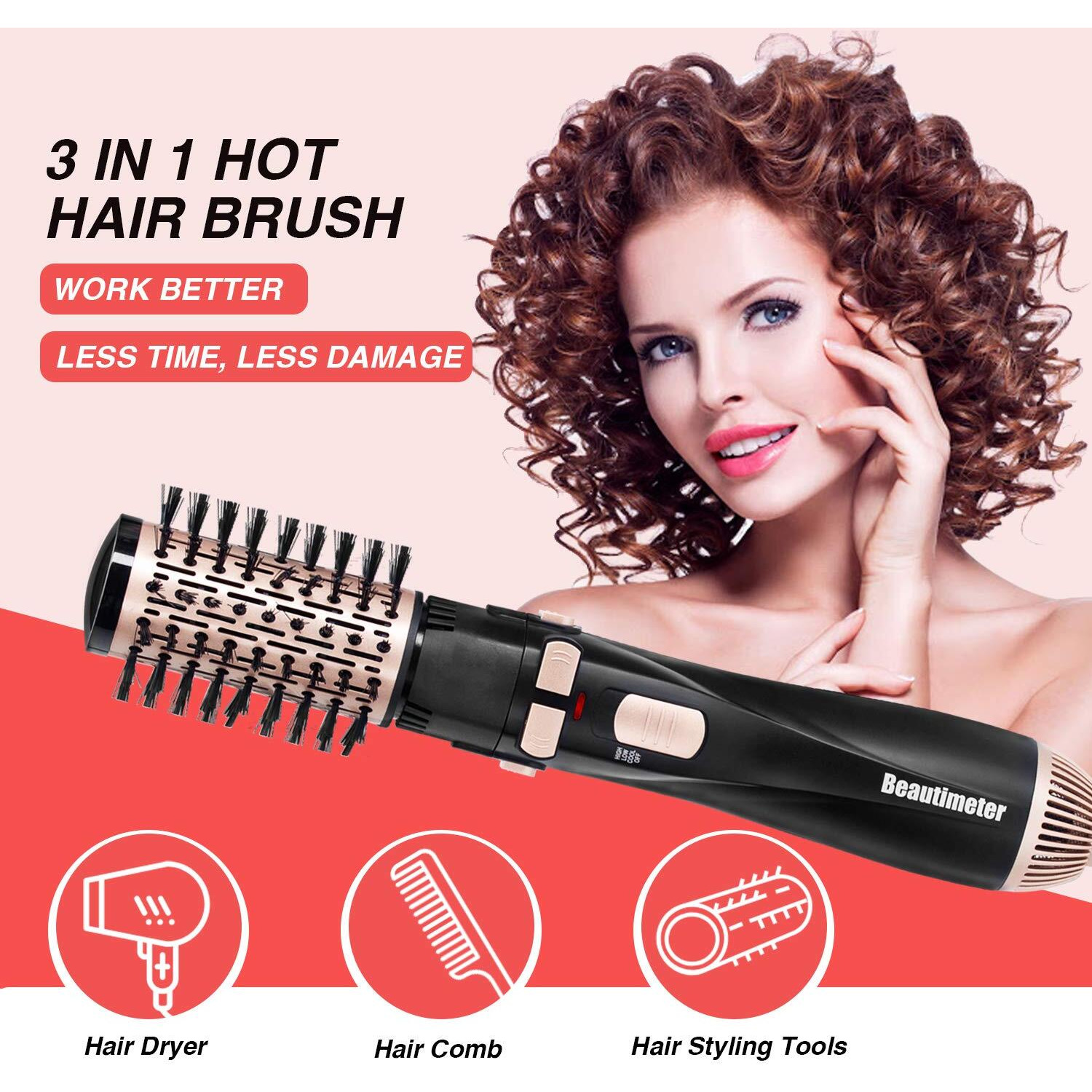 Beautimeter 1200W Hot Air Spin Brush Kit  3 In 1 Hair Dryer And Styler  Negative Ionic Hair Care  Black & Gold