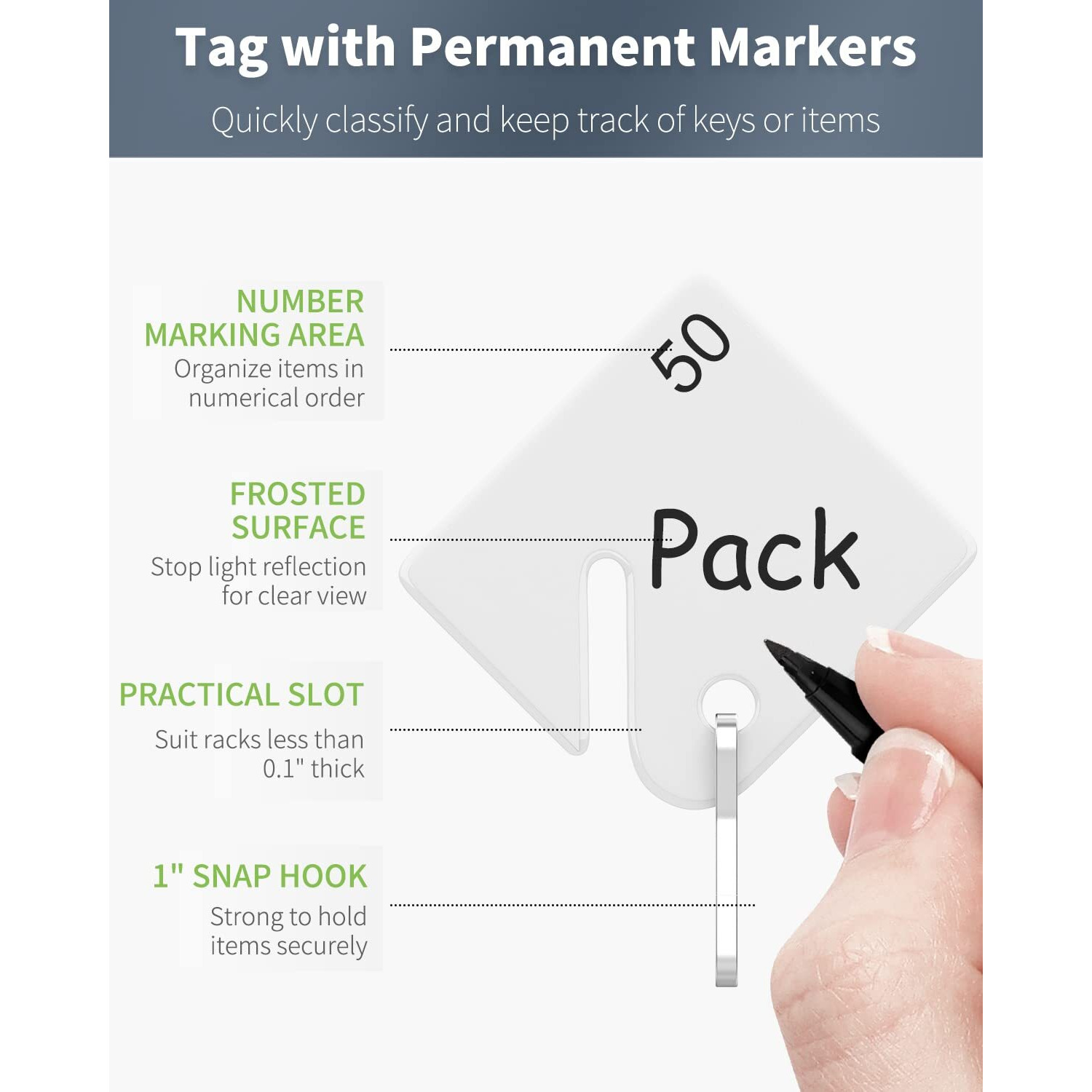 Uniclife 50 Pcs Rack Key Tags 1.5 Inch Slotted Plastic Tags With Metal Snap Hooks White Square Hanging Tags For Key Cabinets Boxes Lockers Sturdy Frosted Item Identifiers For Home Offices And Garages