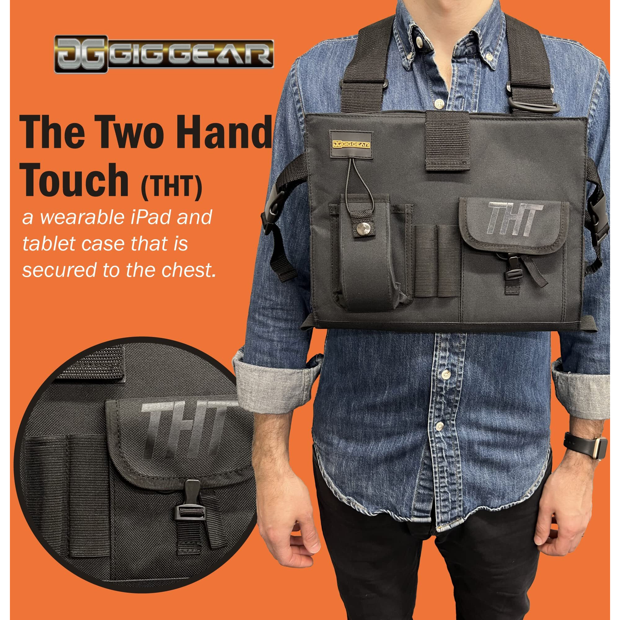 Gig Gear Two Hand Touch Tablet Chest Harness For Ipad And Samsung Tablets - Rugged Tablet Carrying Case With Strap And Compartments - Heavy Duty Ipad Chest Mount For 12.9 Inch Mobile Device (Black)